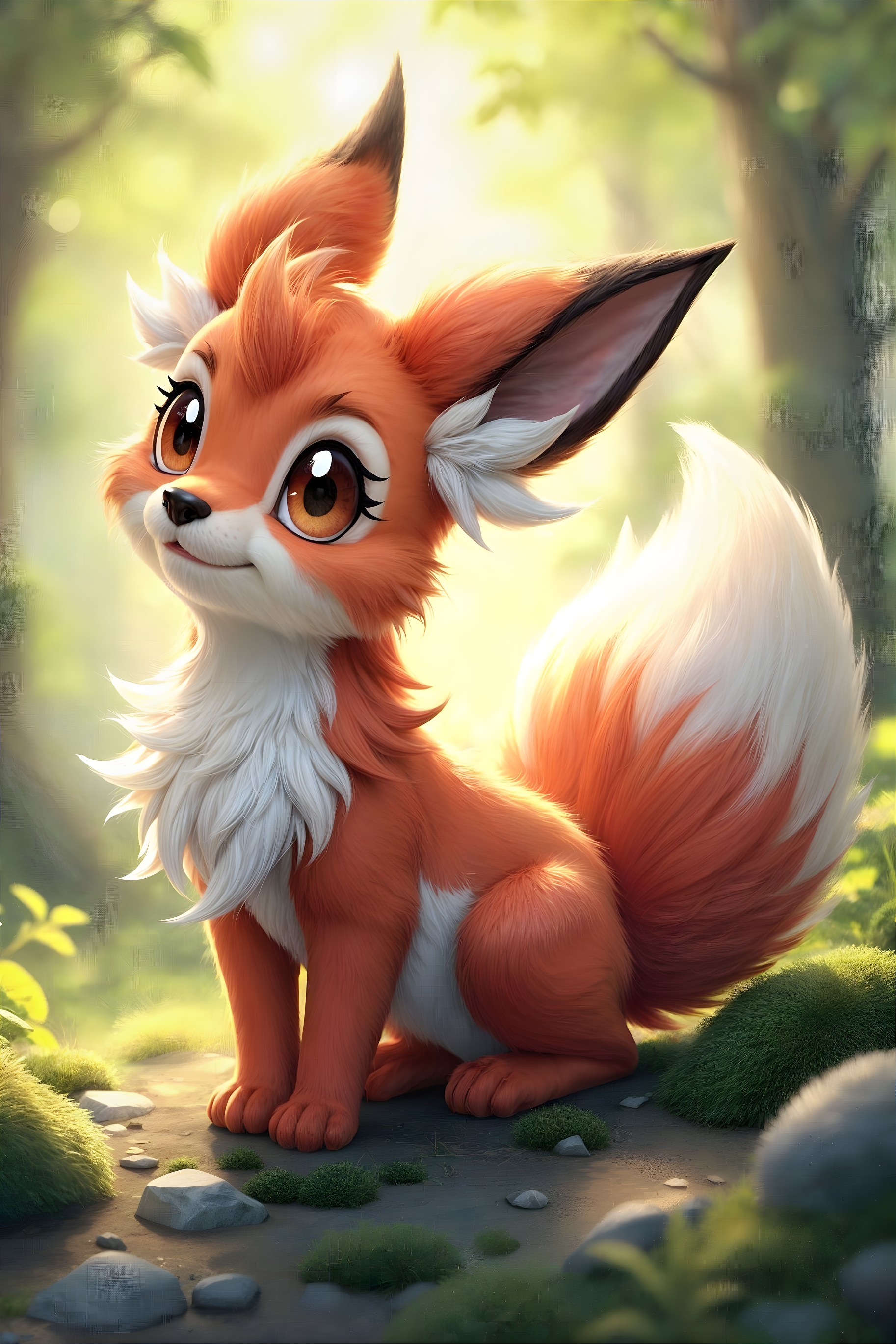 Cartoon Fox on Mossy Path in Lush Forest Setting