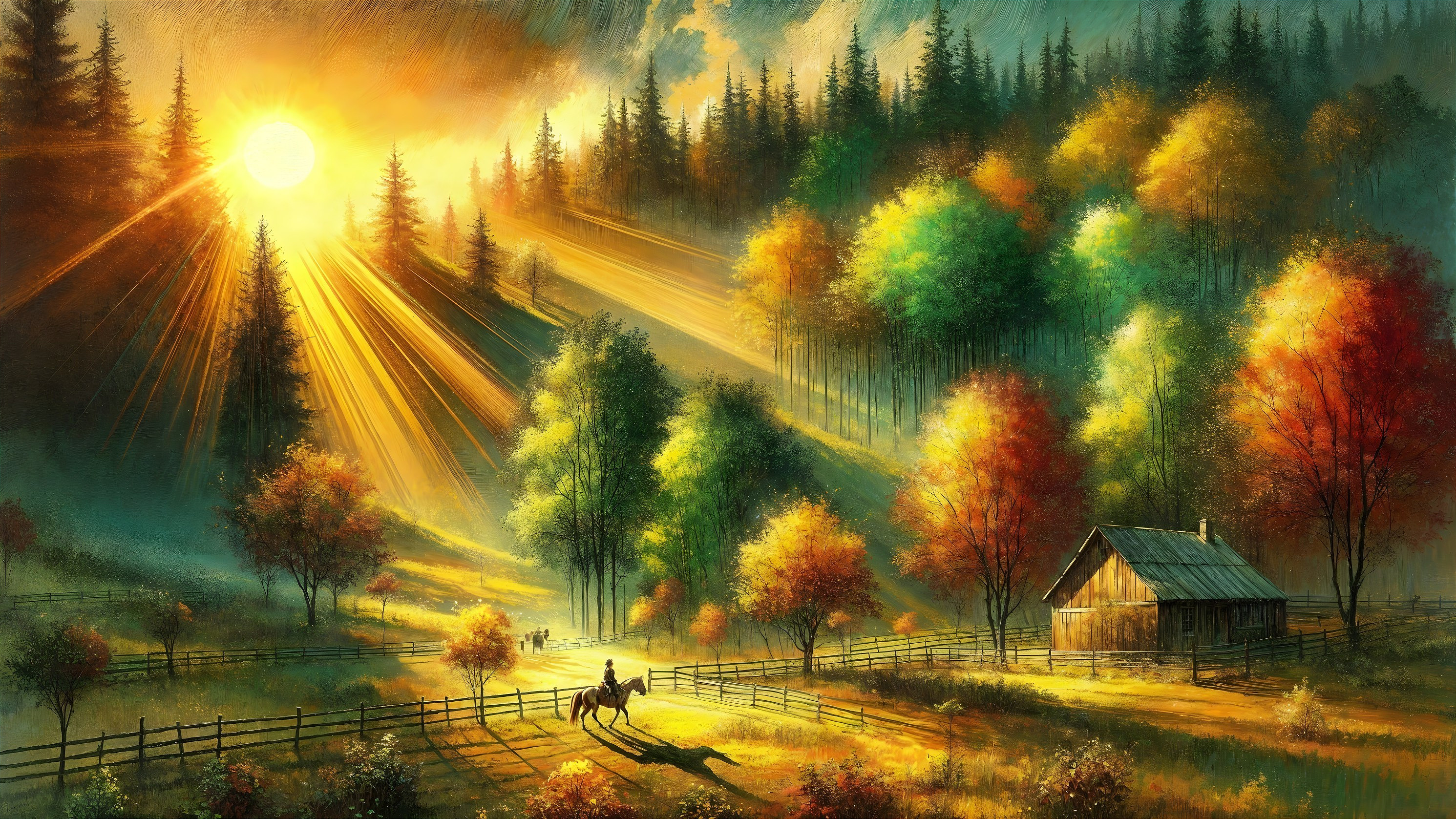 Autumn Landscape with Sunrise and Rustic Cabin