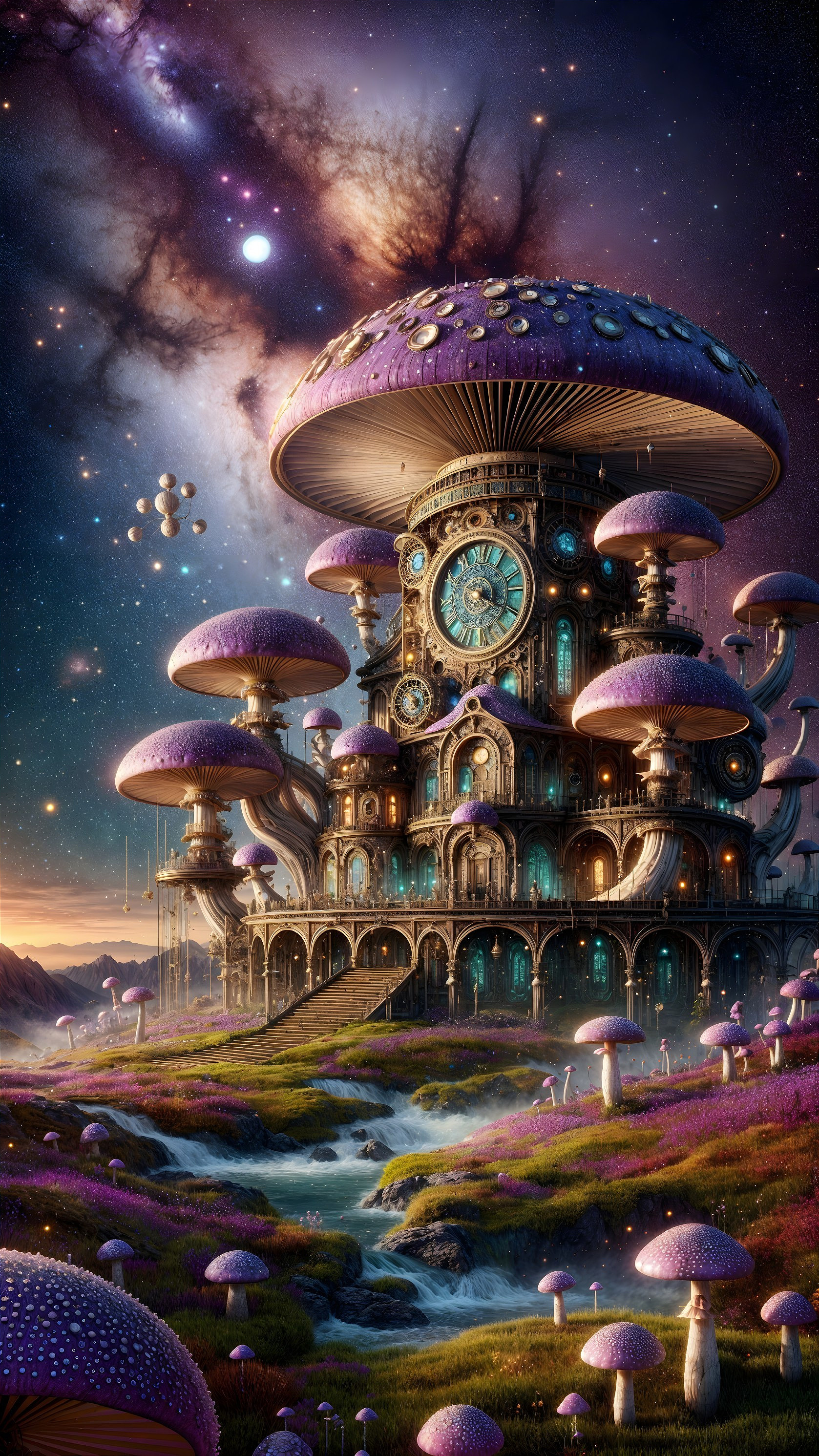 Whimsical Steampunk Structure with Purple Mushrooms