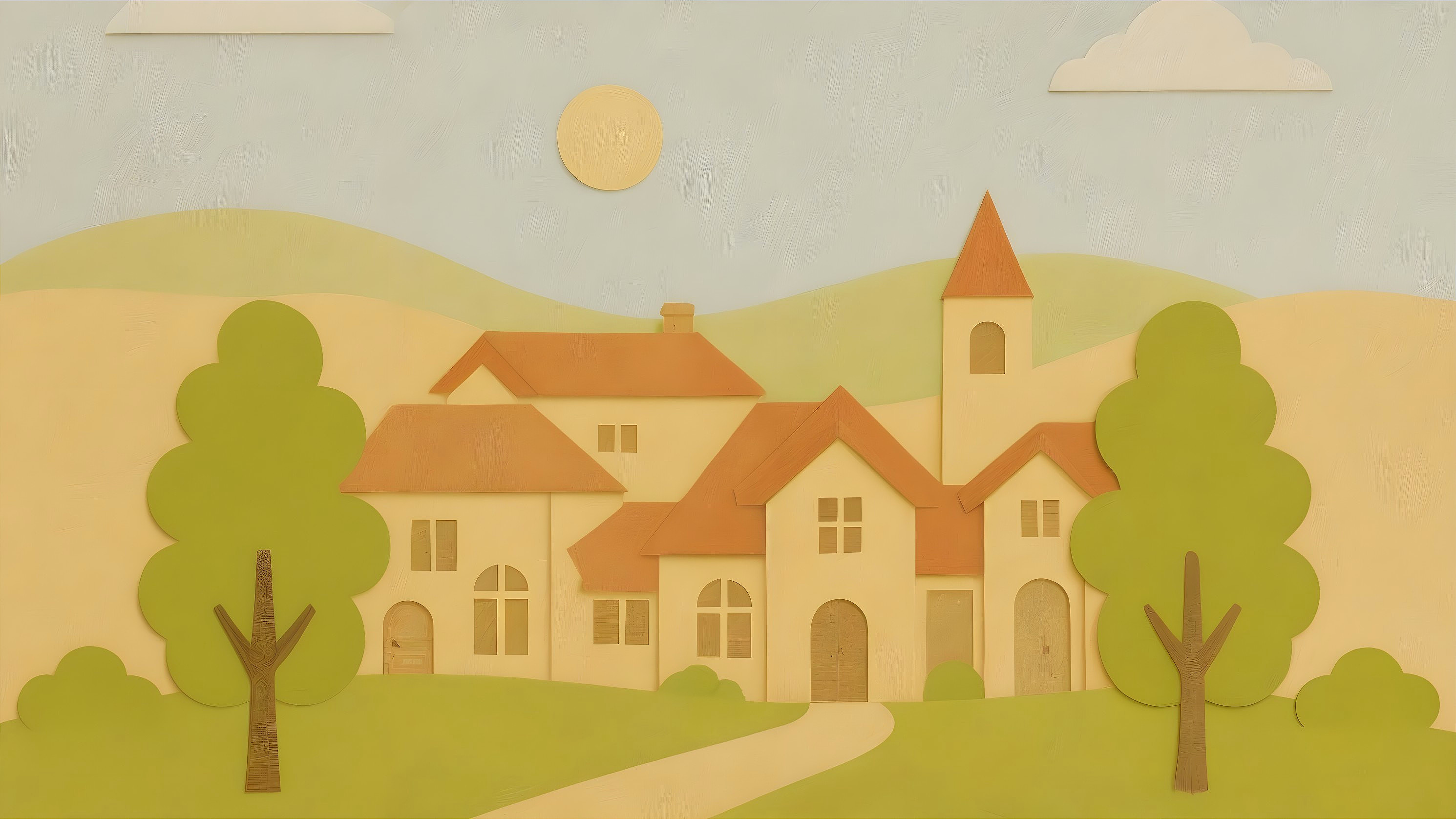 Whimsical landscape with charming house and trees