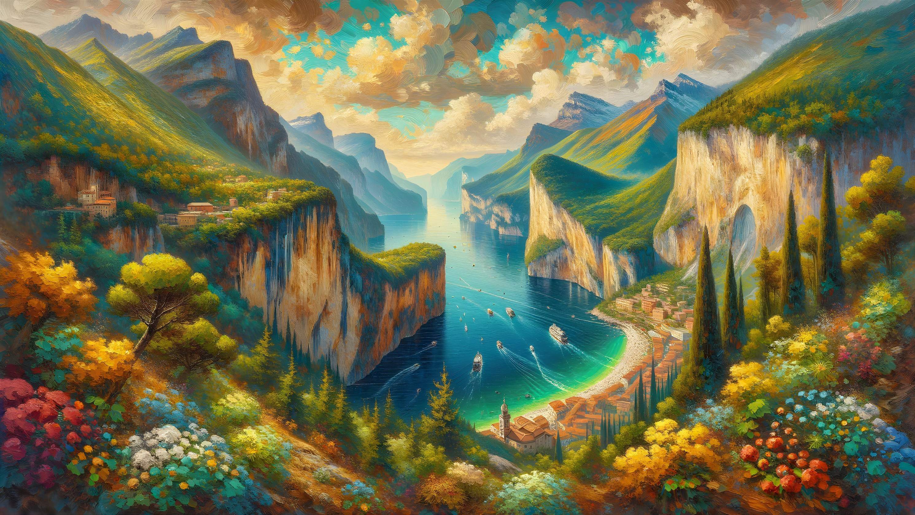 Serene fjord landscape with cliffs and charming village