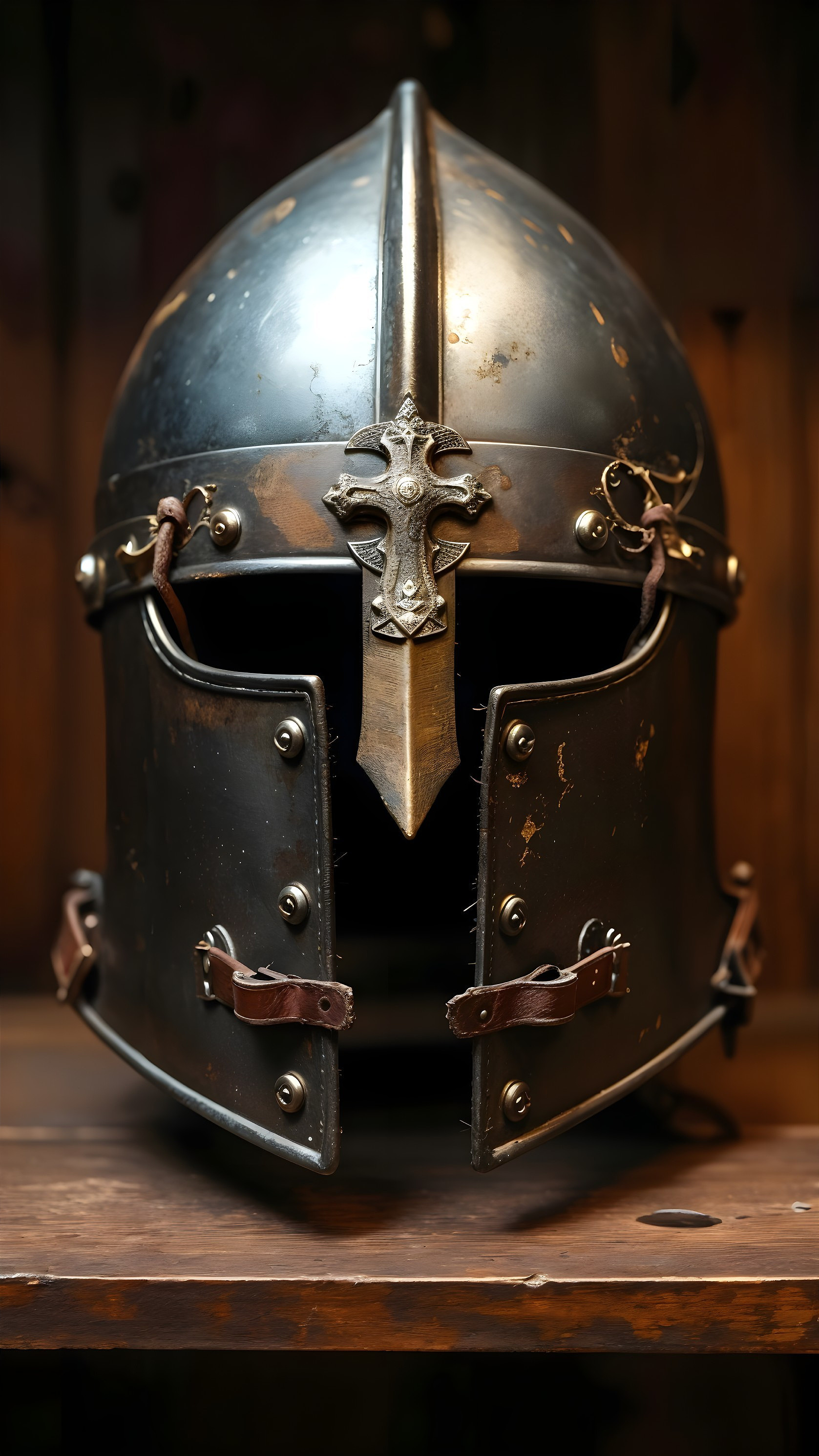 Ornate metal helmet with polished surface and cross emblem