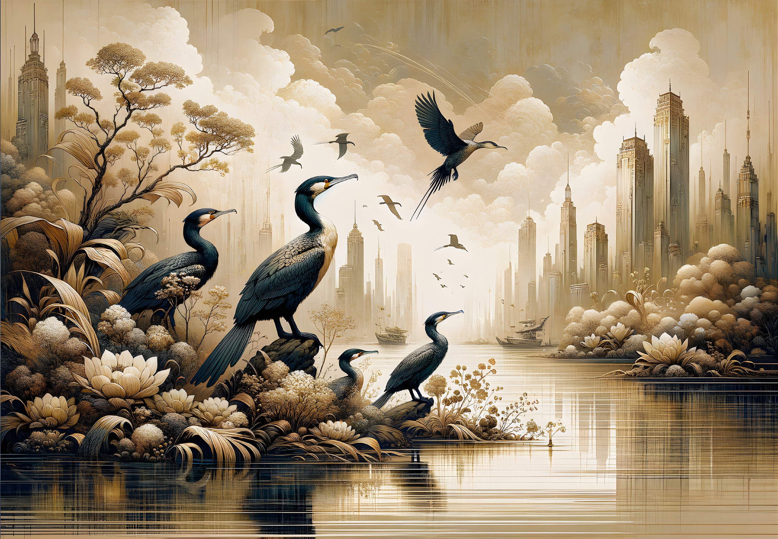 Cormorants on Foliage with Skyscrapers in Background