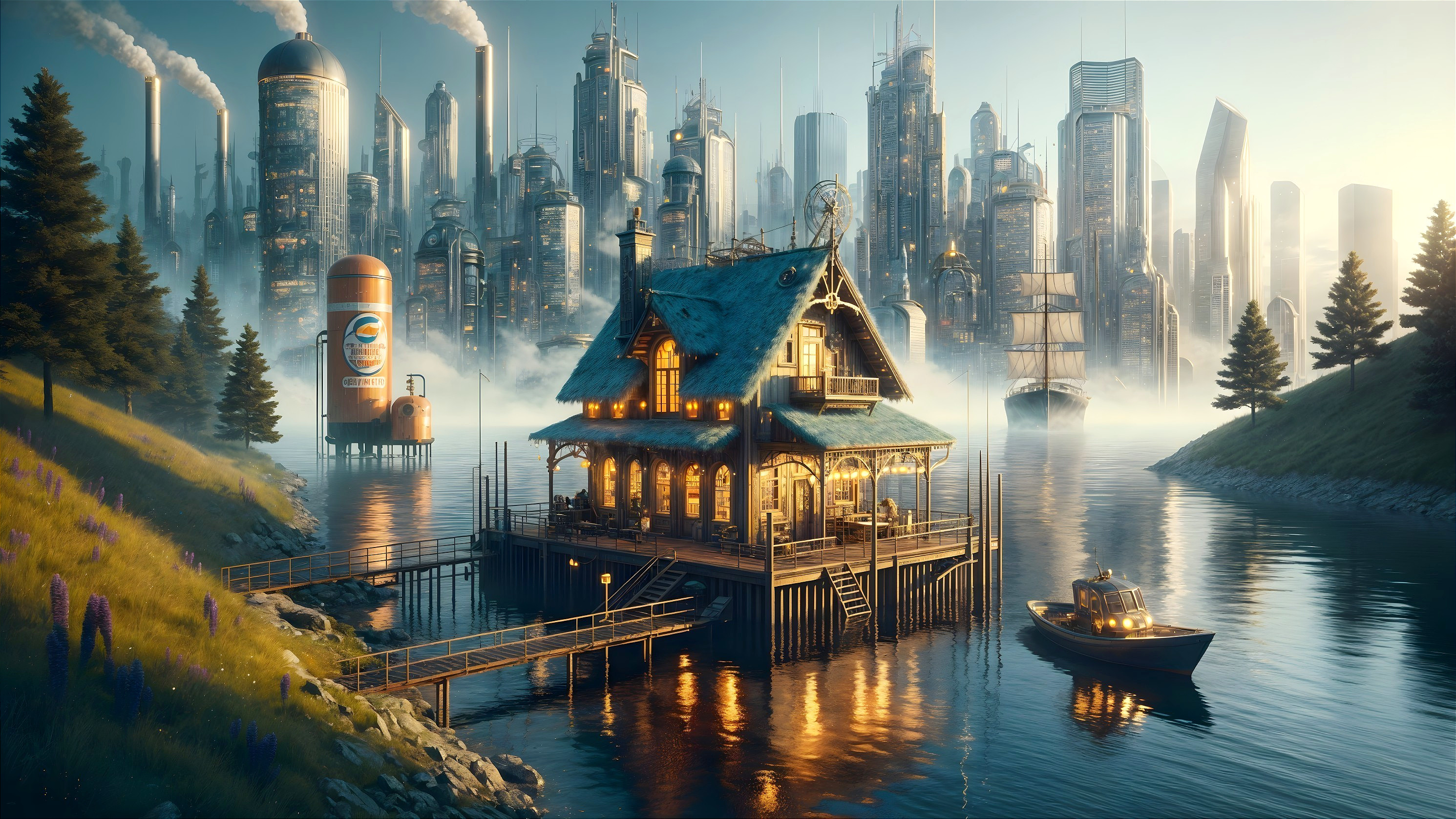 Rustic Lakeside House with City Skyline Background