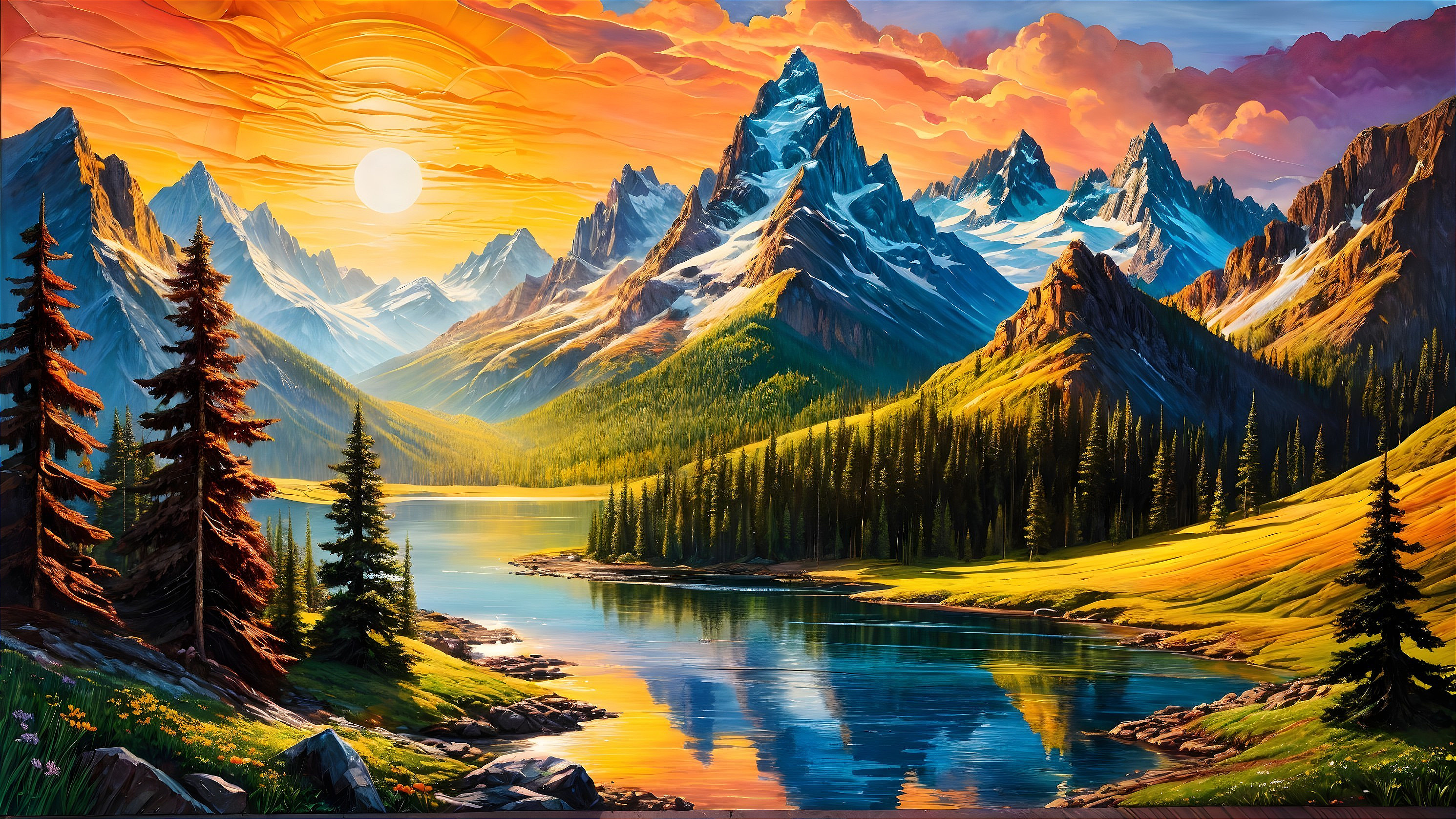 Vibrant Landscape with Snow-Capped Mountains and Sunset