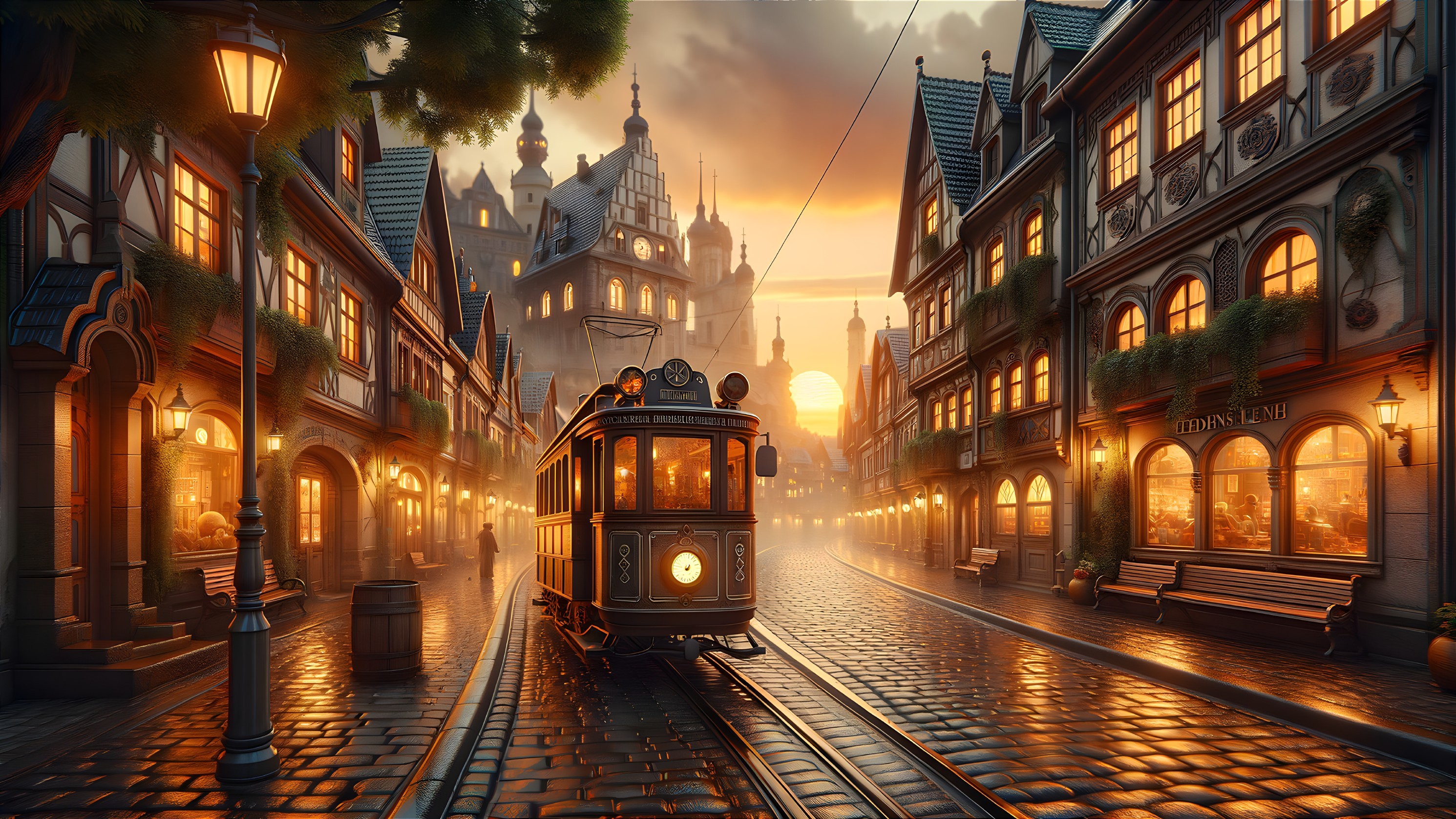 Vintage tram on a cobblestone street at sunset