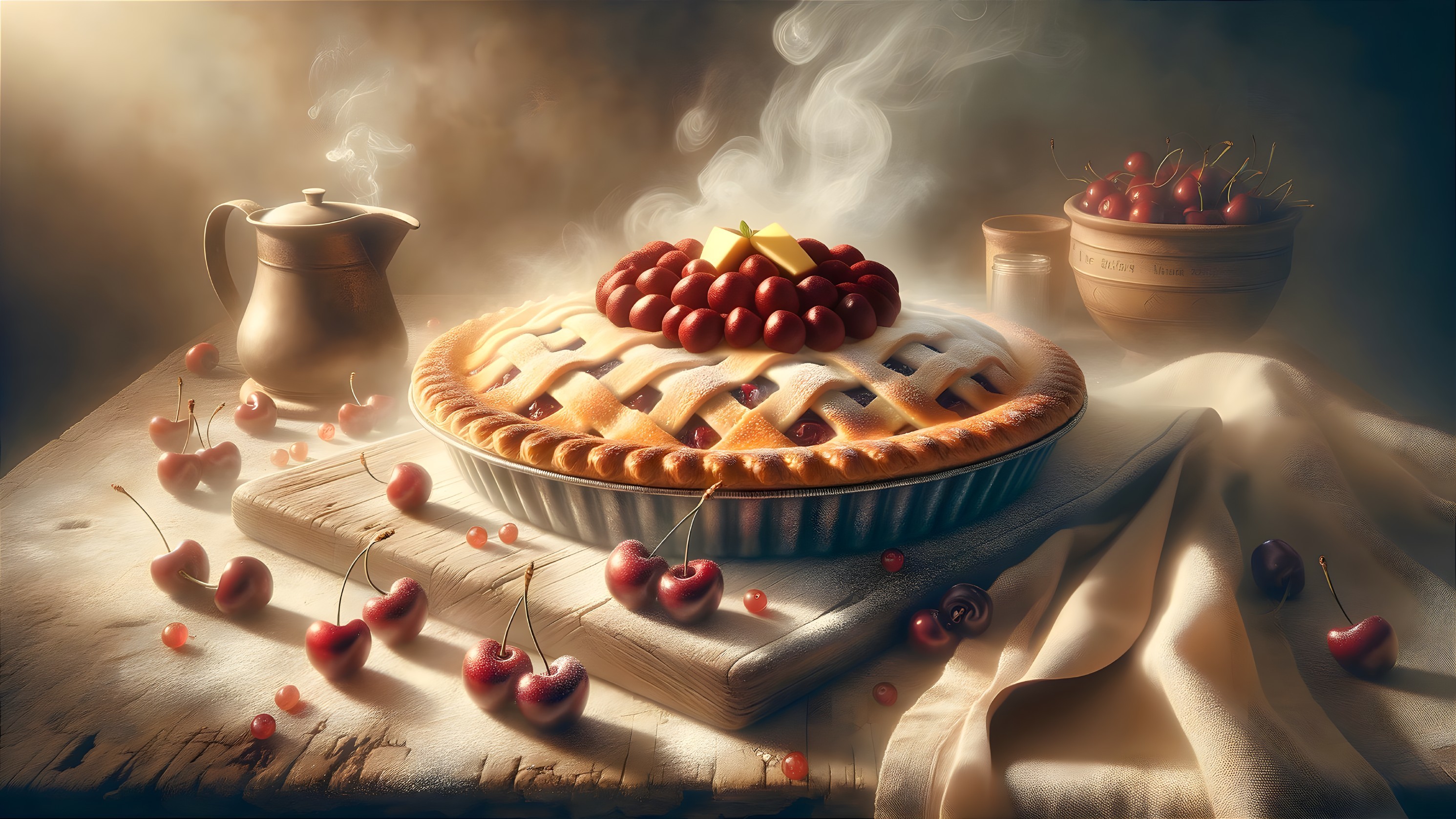 Freshly Baked Cherry Pie on Rustic Wooden Table