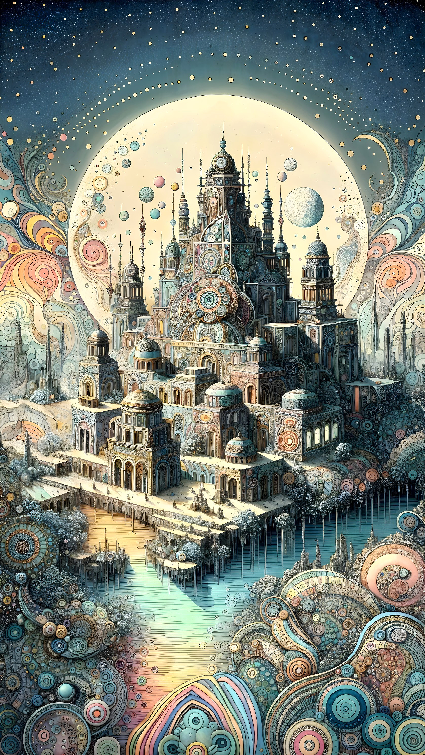 Fantastical Cityscape with Vibrant Colors and Patterns