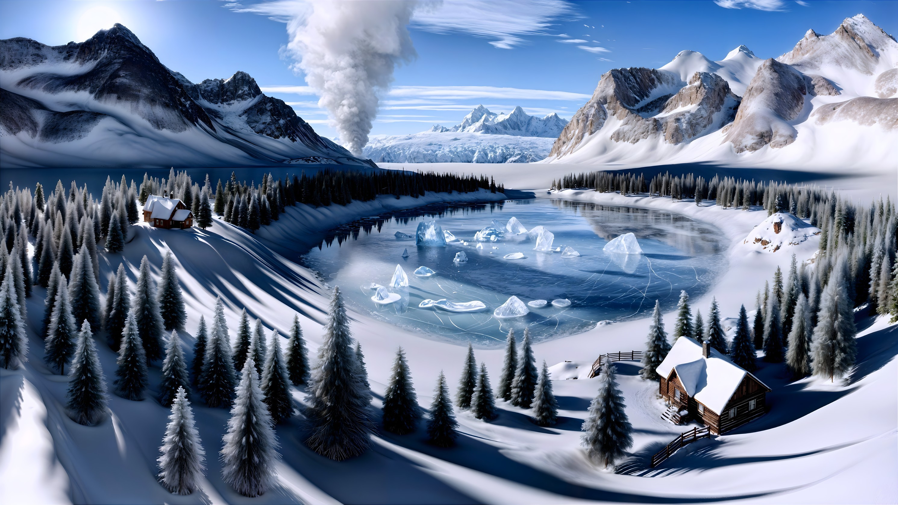 Serene Winter Landscape with Frozen Lake and Mountains