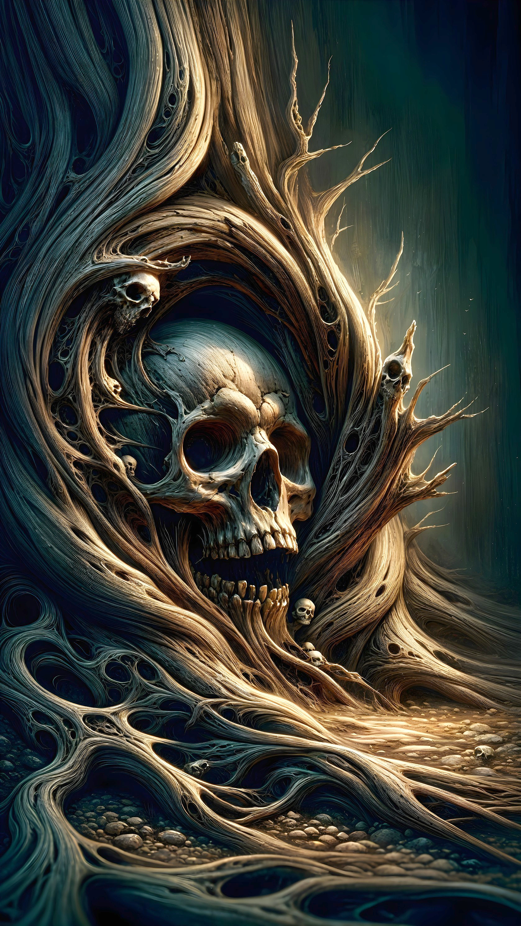 Intricately Carved Skull Entwined in Tree Roots