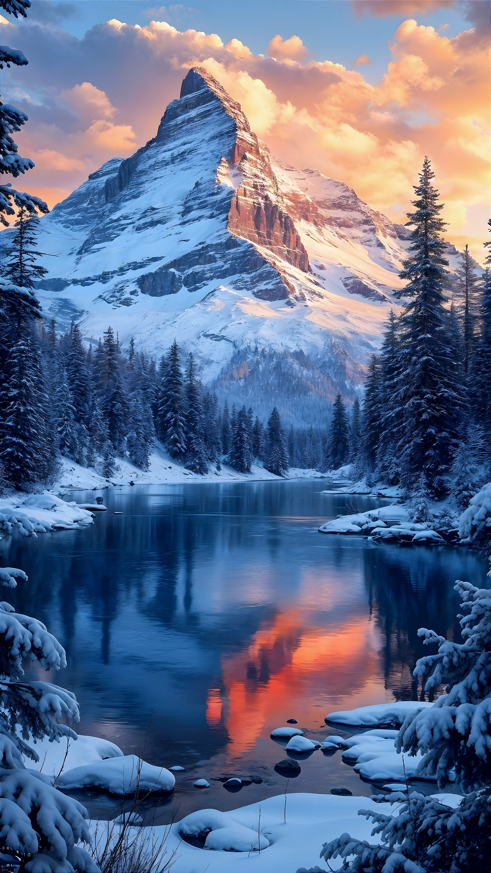 Winter Landscape with Mountain Peak and Sunset Reflections
