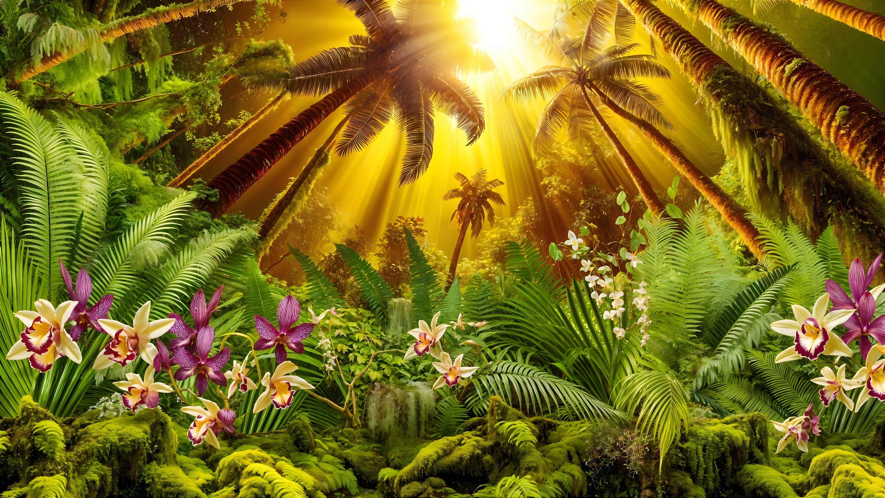 Vibrant Tropical Jungle with Lush Greenery and Orchids