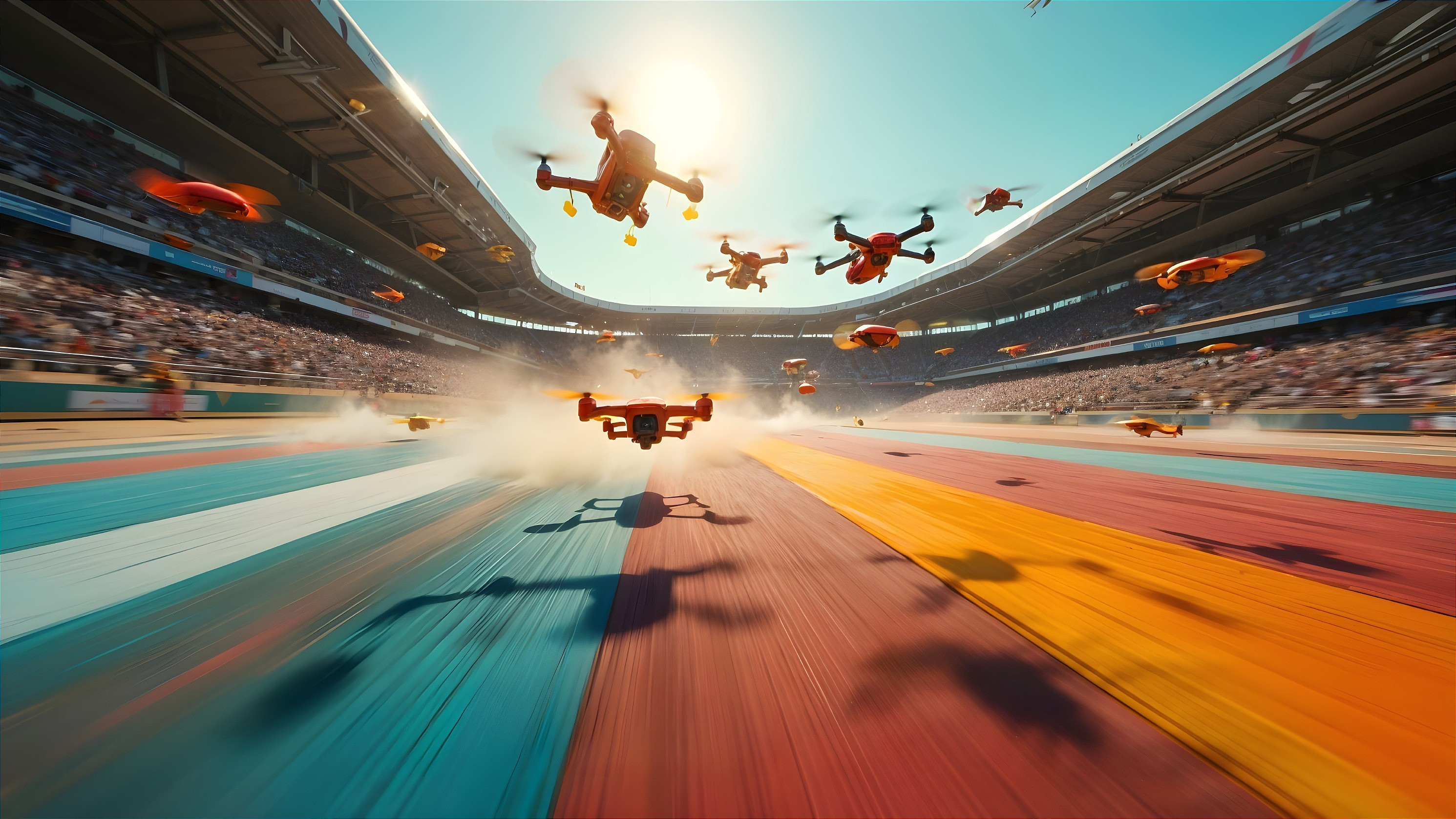 Vibrant Drone Racing Competition in Packed Stadium