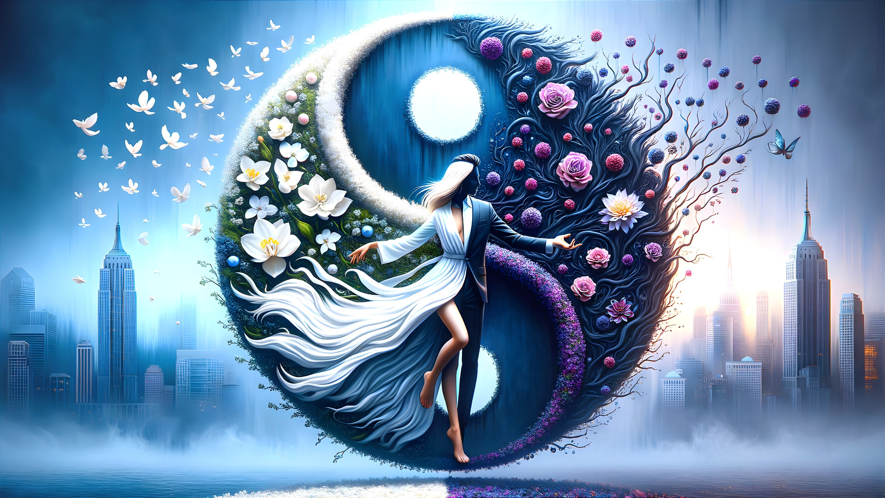 Vibrant Yin-Yang Symbol with Nature and Urban Themes