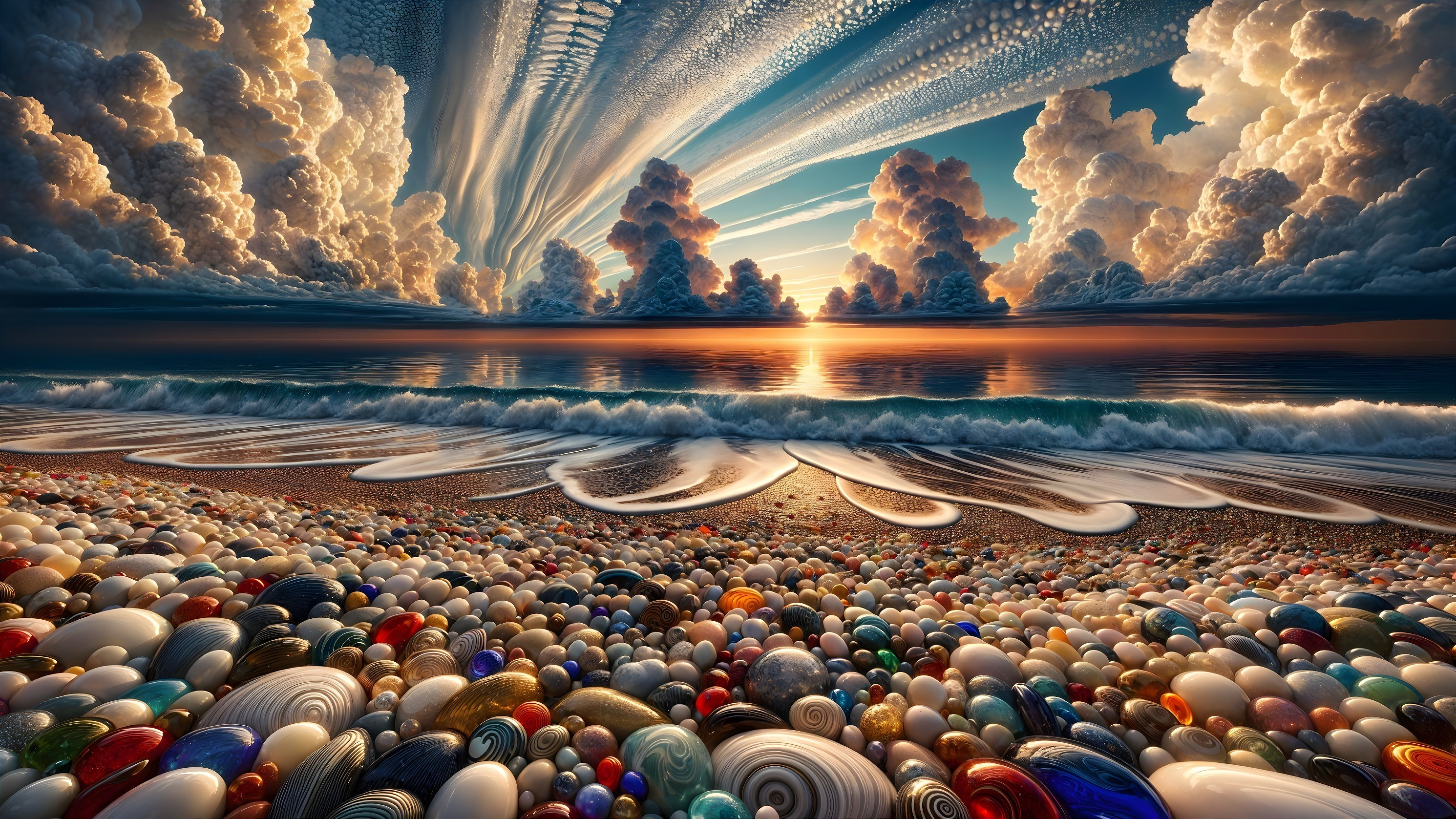 Colorful Seashells and Marbles on Vibrant Shoreline