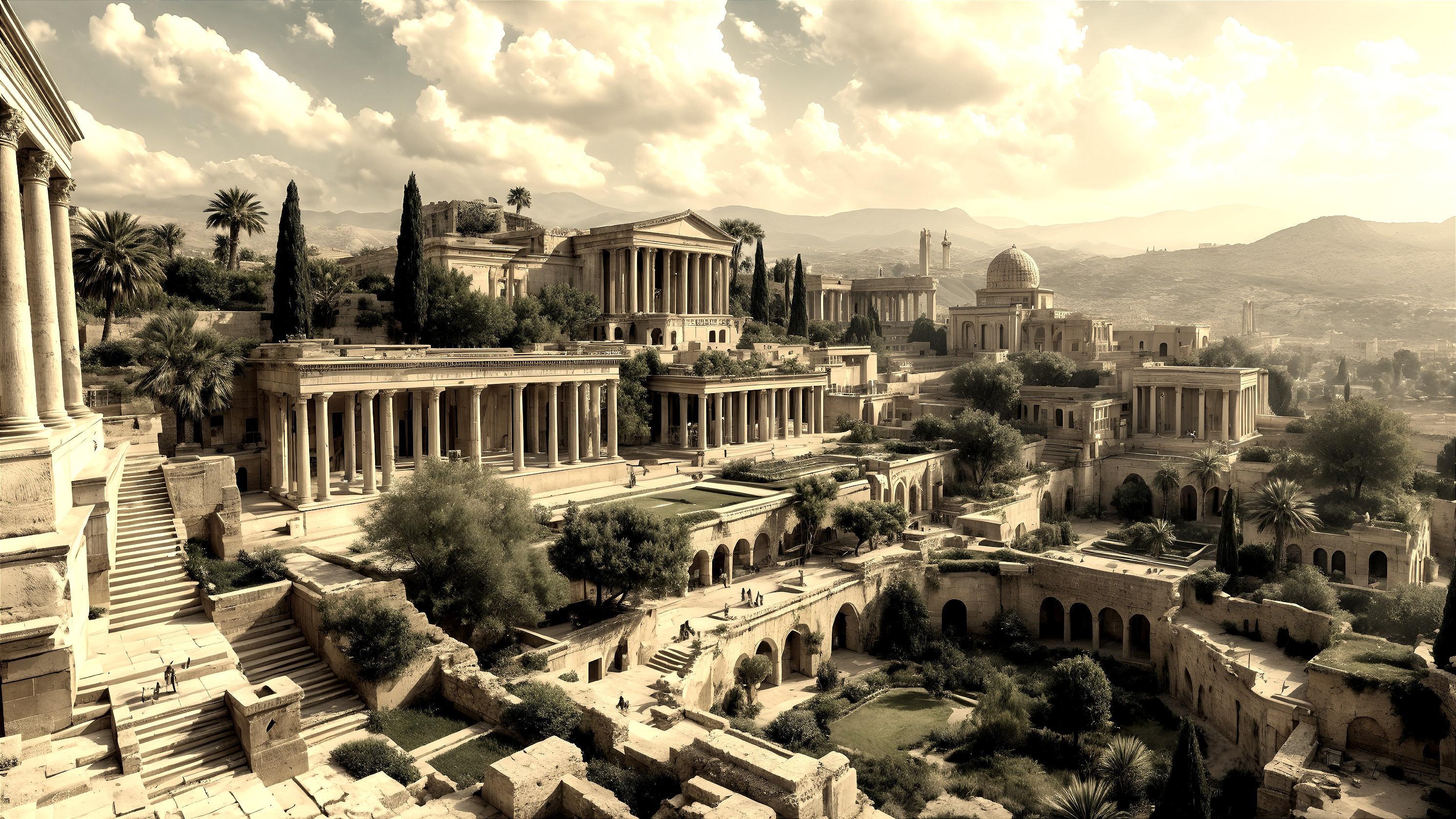 Ancient Cityscape with Temples and Classical Architecture