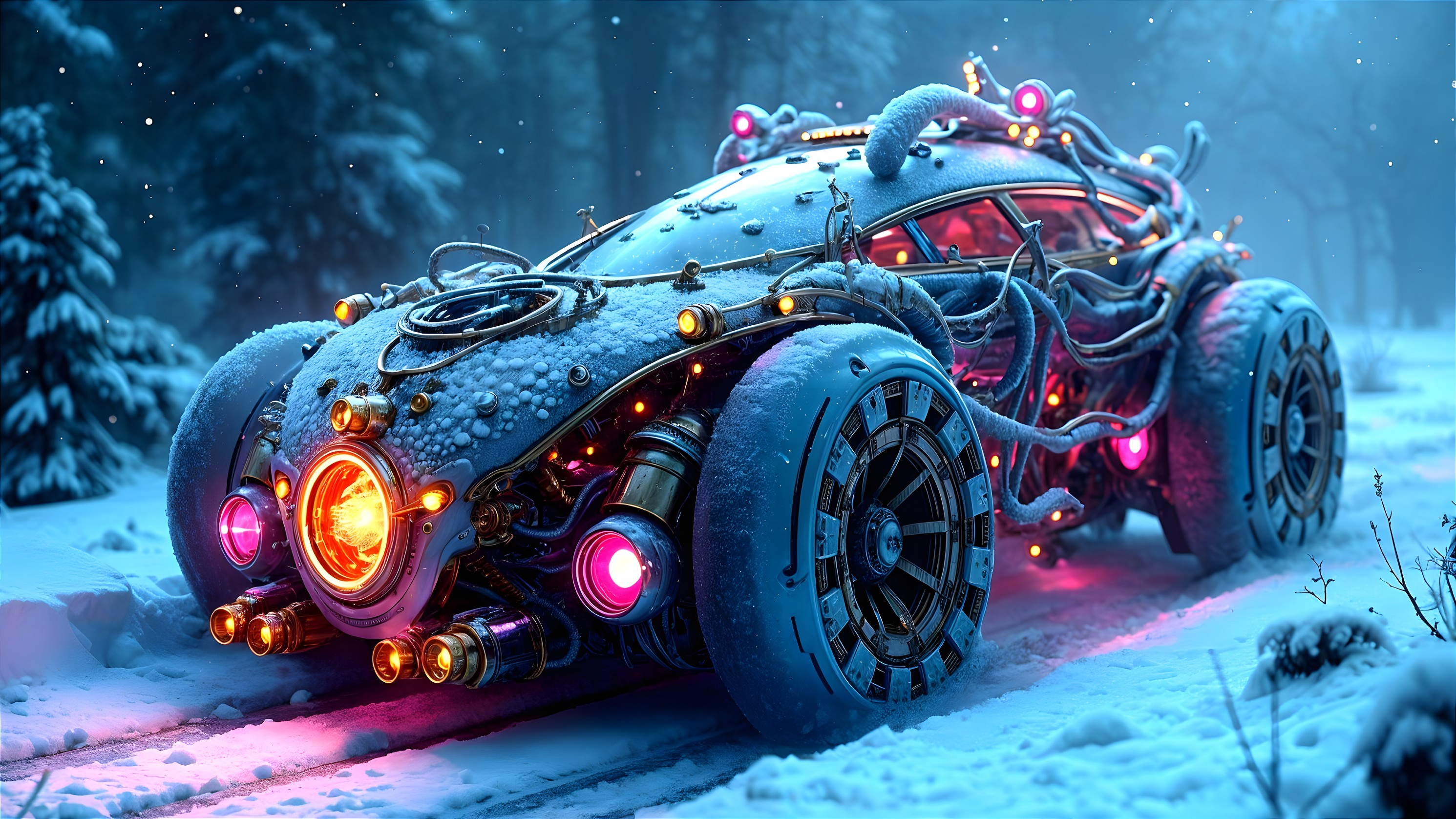 Futuristic Vehicle in Snowy Forest with Glowing Lights