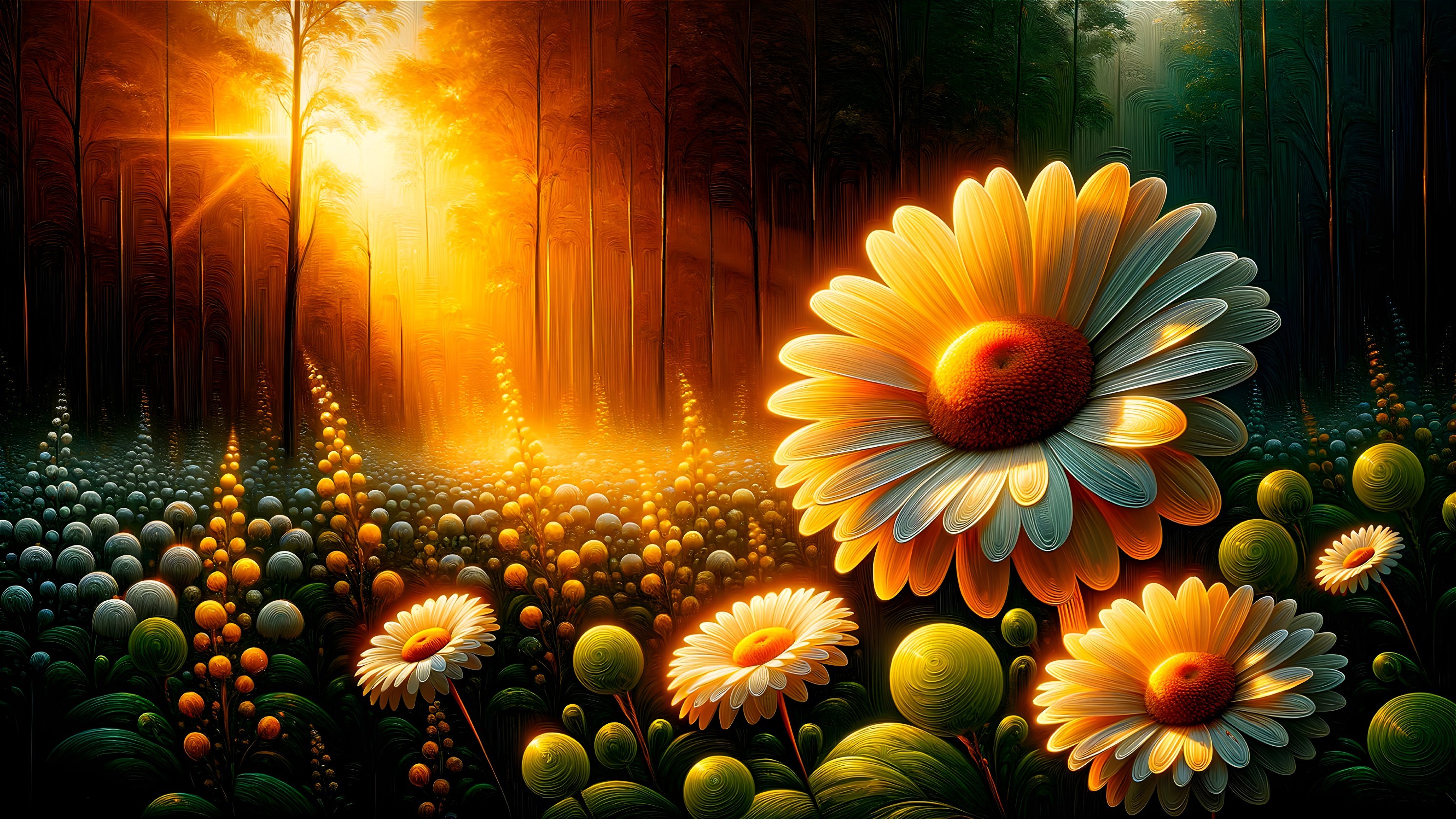 Vibrant Forest Scene with Stylized Daisies and Sunlight