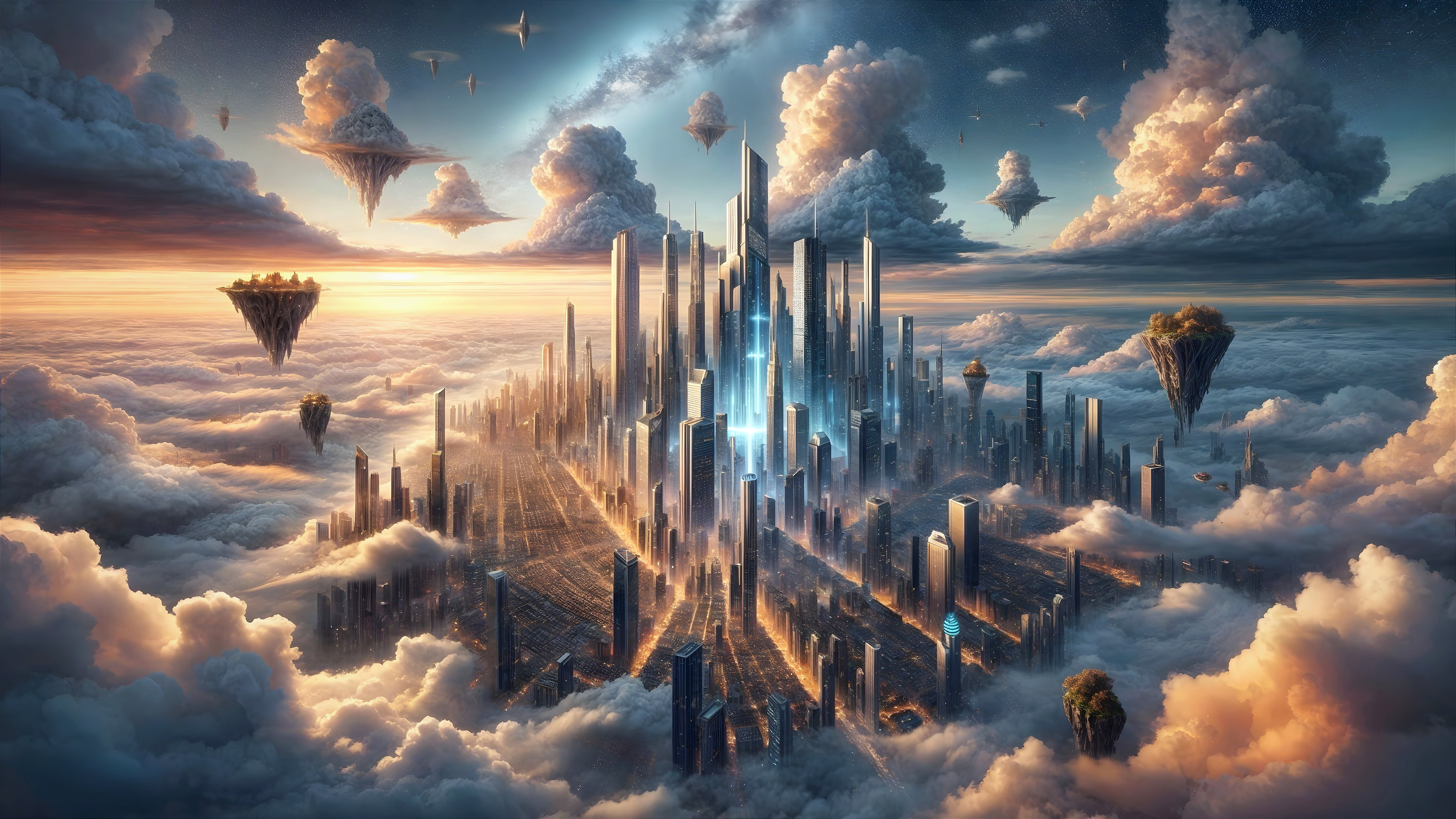 Futuristic cityscape above clouds at sunset