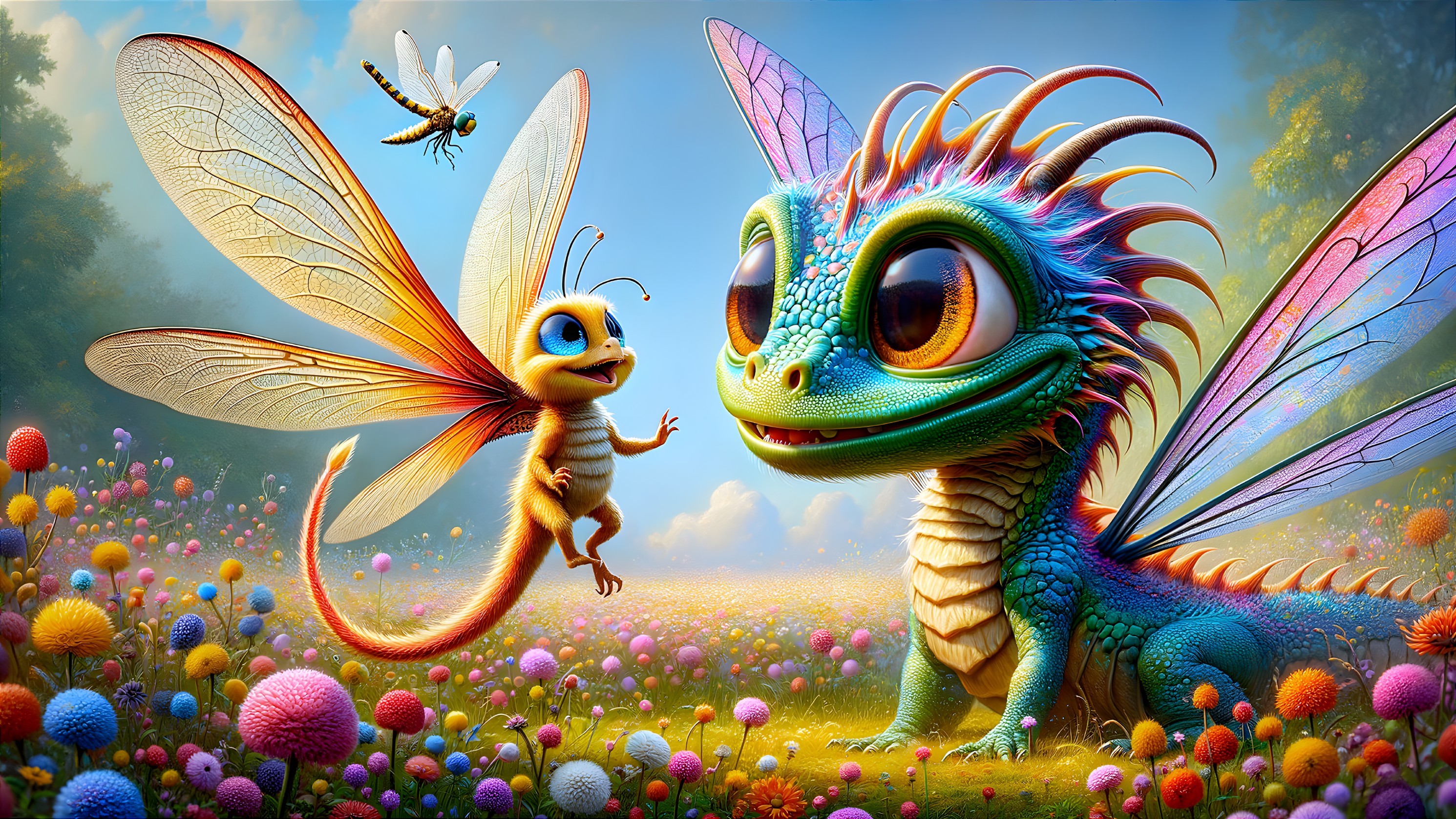 Whimsical Dragon in Flower Meadow