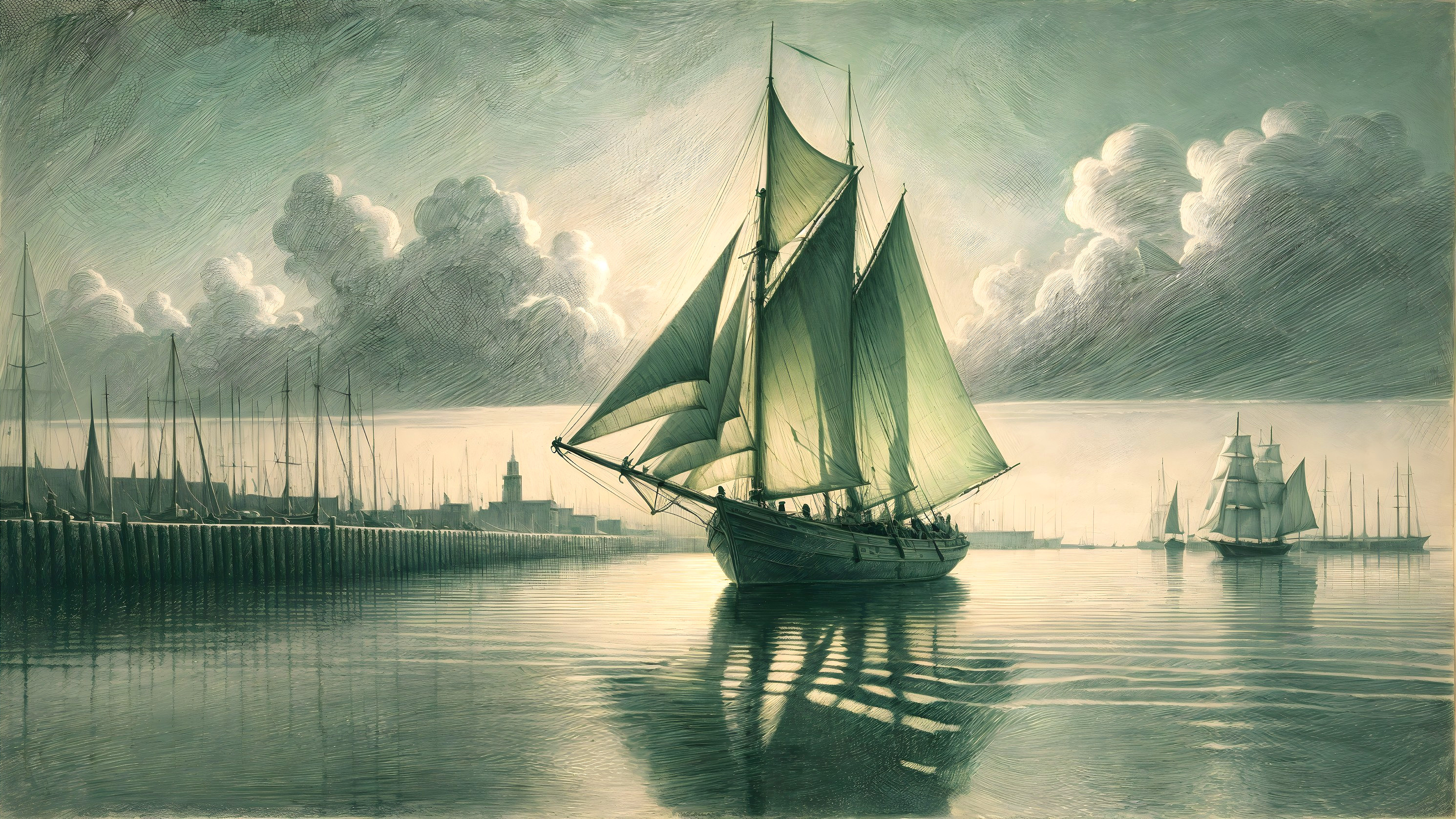 Serene Waterfront Scene with Majestic Sailing Ship