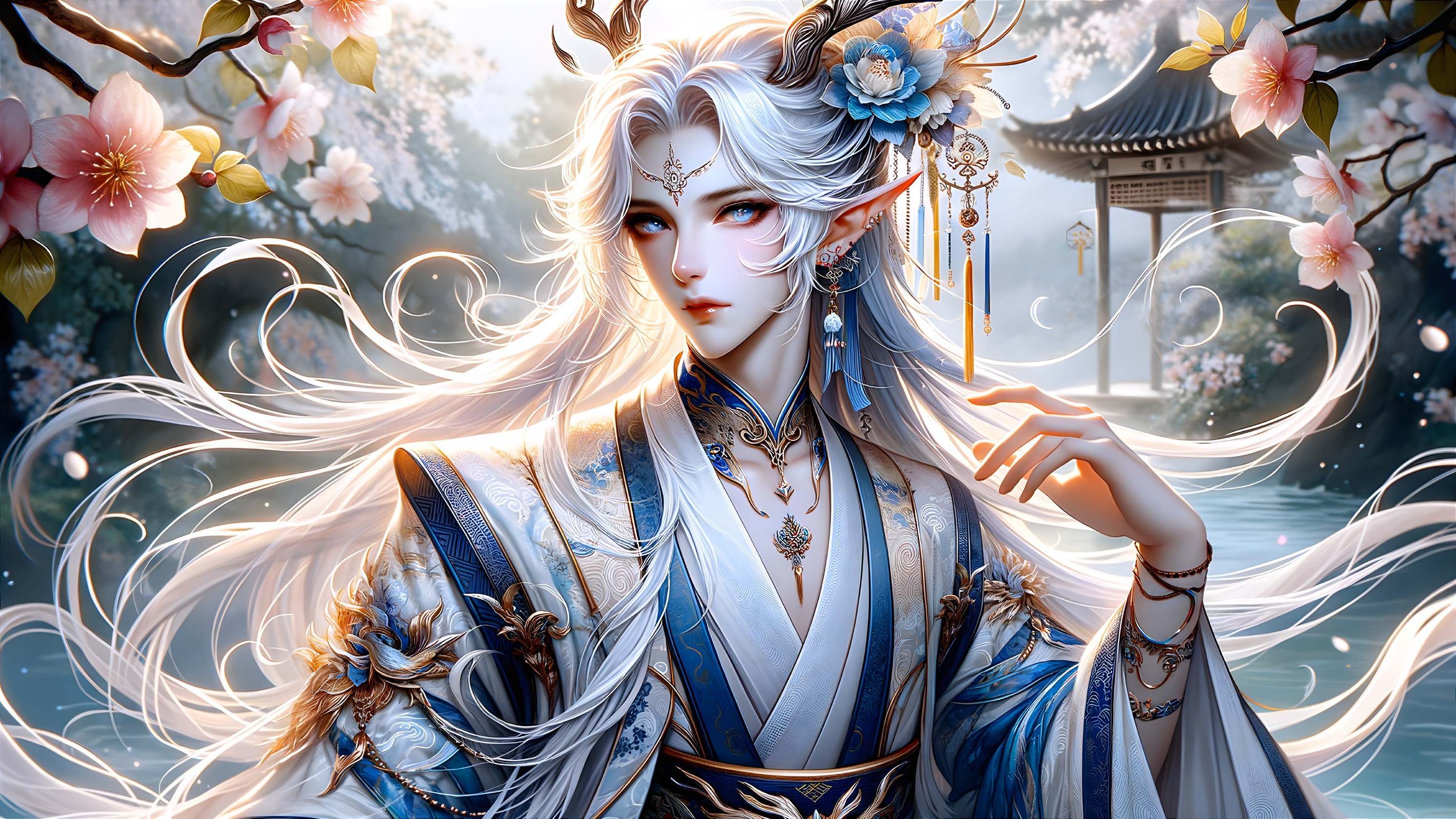 Ethereal Figure in Cherry Blossom Landscape