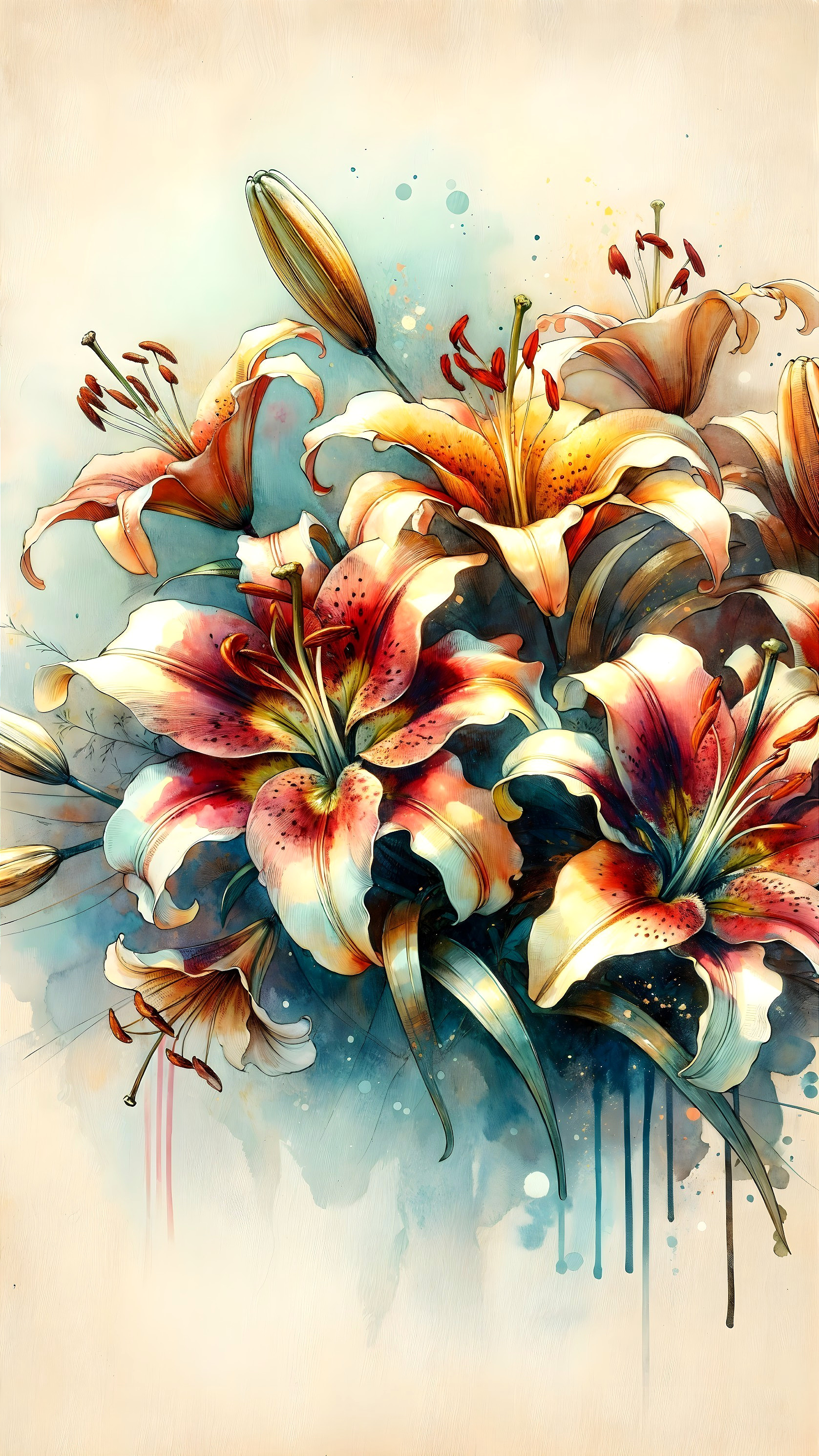Vibrant Watercolor Bouquet of Lilies in Various Shades