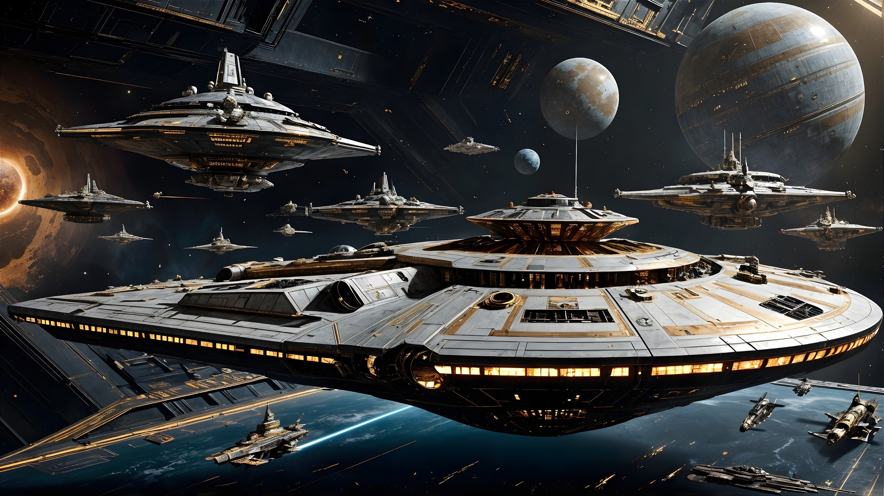 Futuristic spacecraft in a cosmic scene with stars