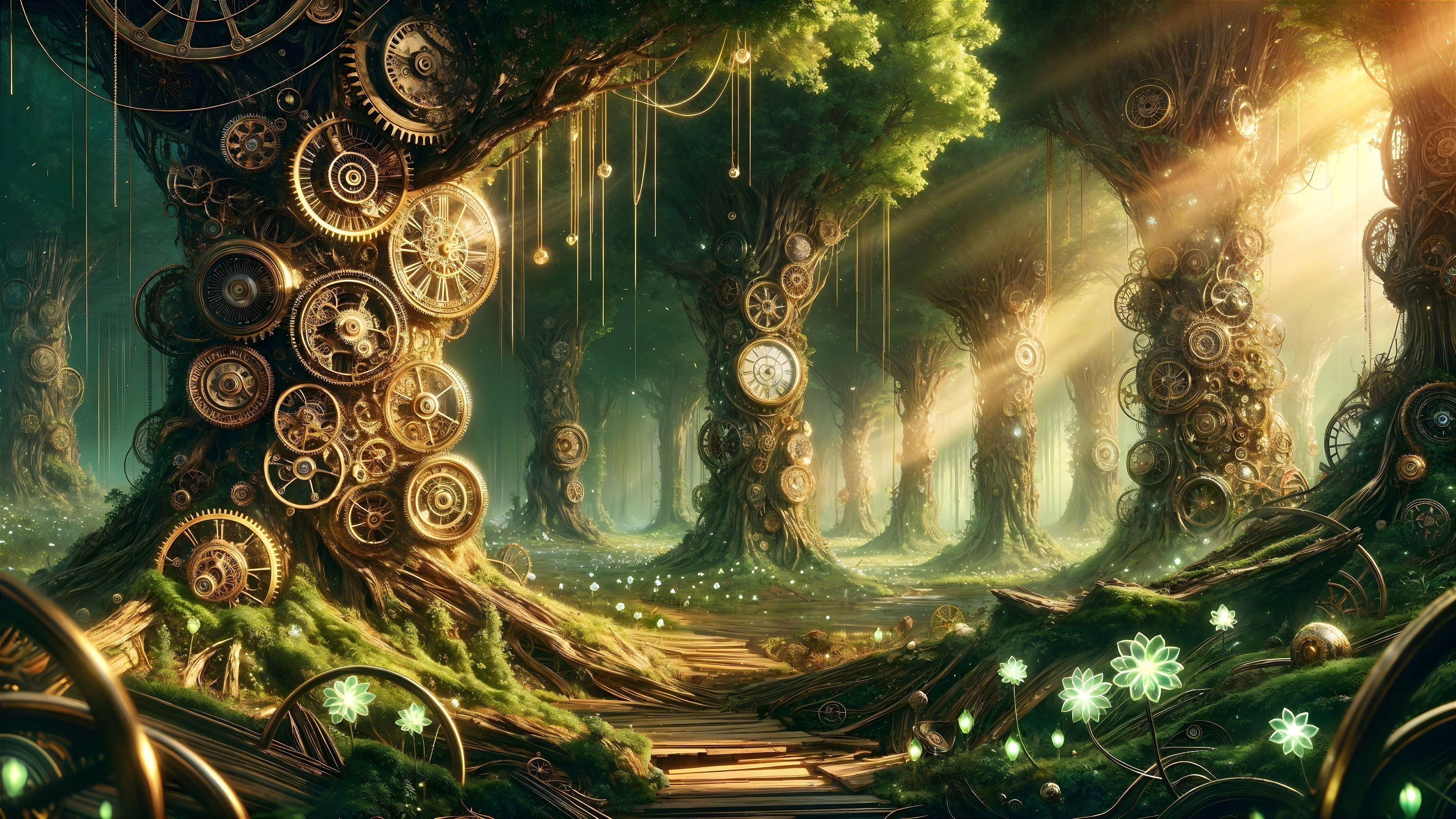 Whimsical Forest with Gear-Covered Trees and Clocks