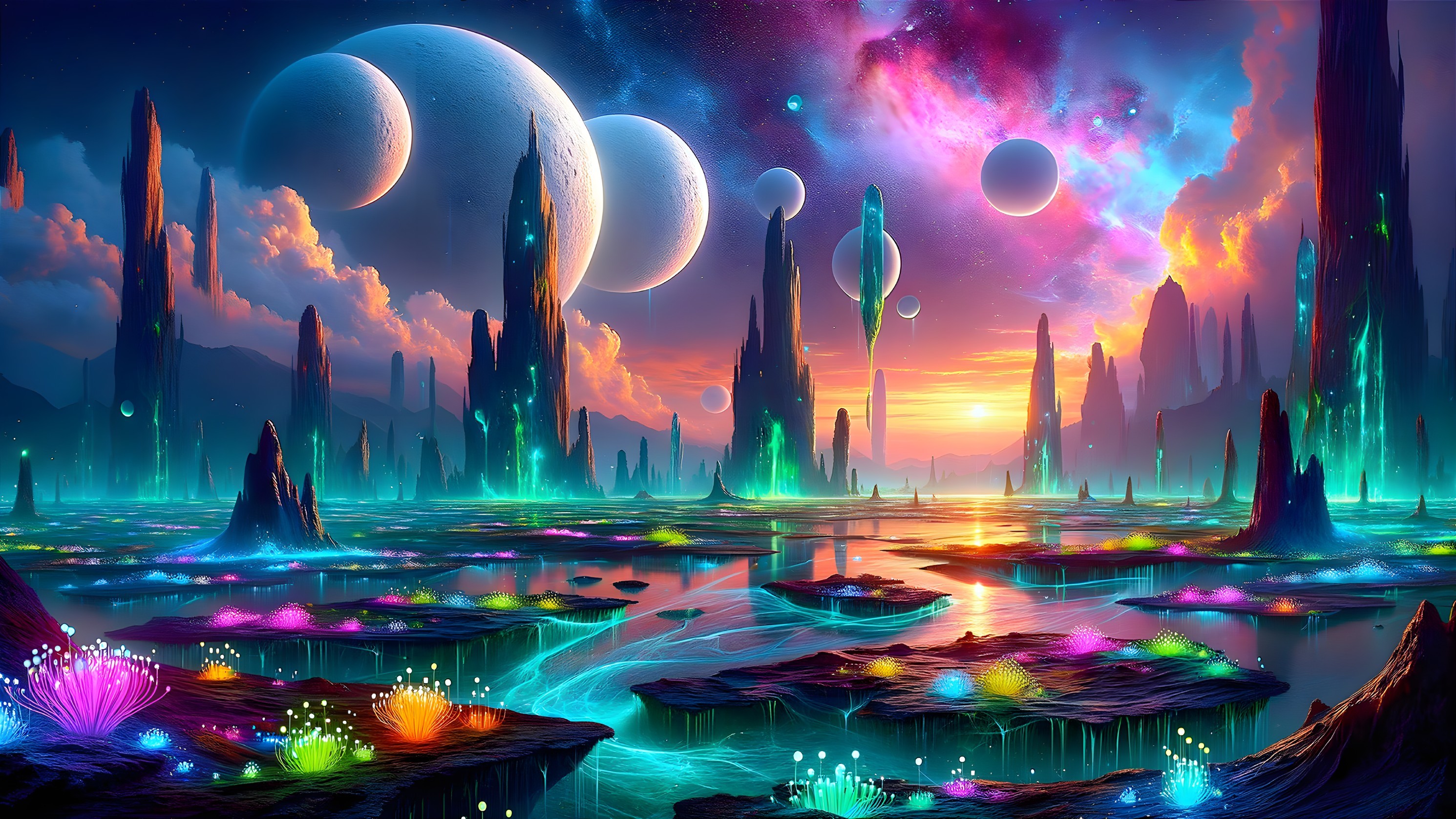 Vibrant Alien Landscape with Bioluminescent Flora