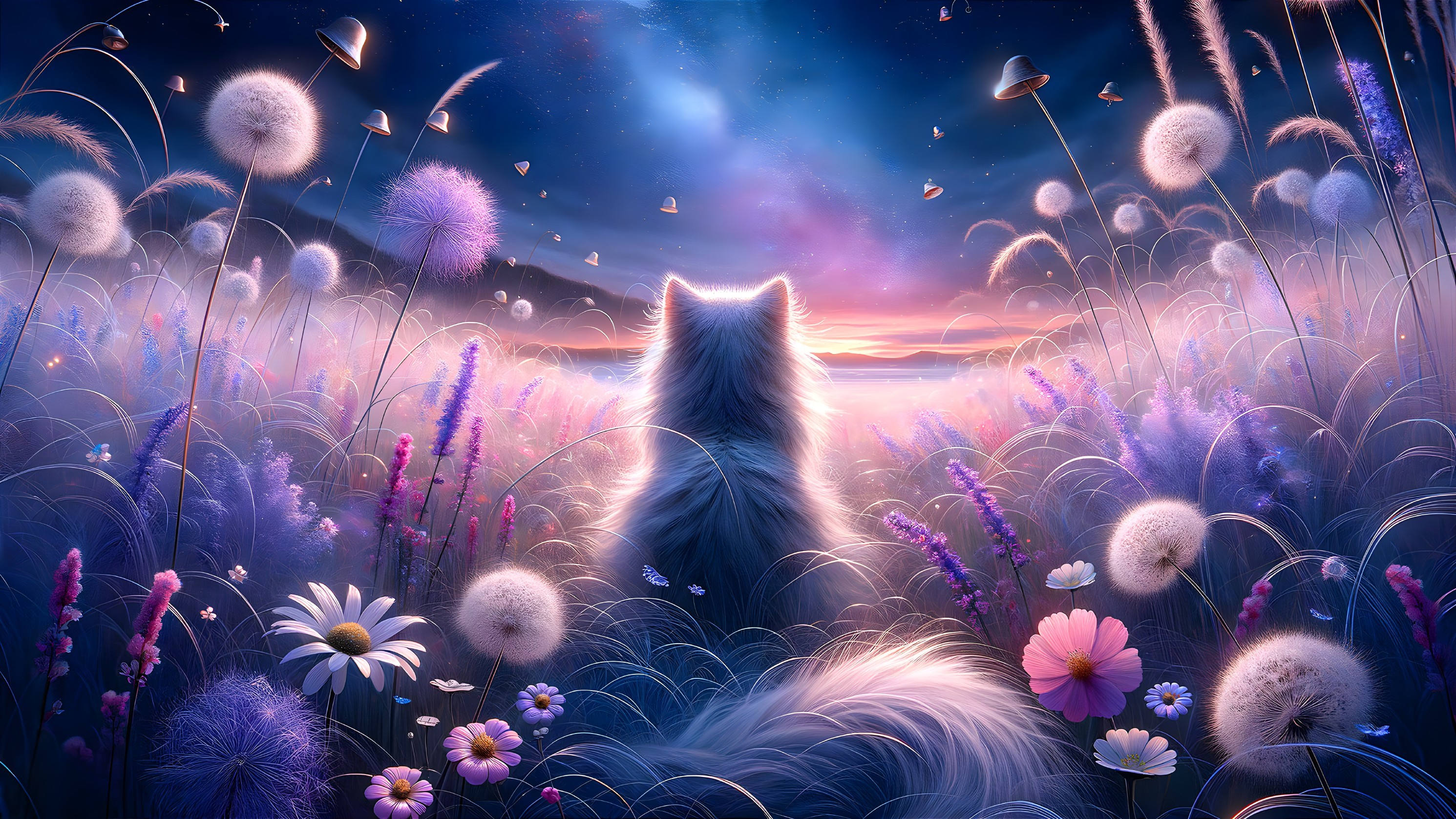 Twilight Landscape with Fluffy Animal and Wildflowers