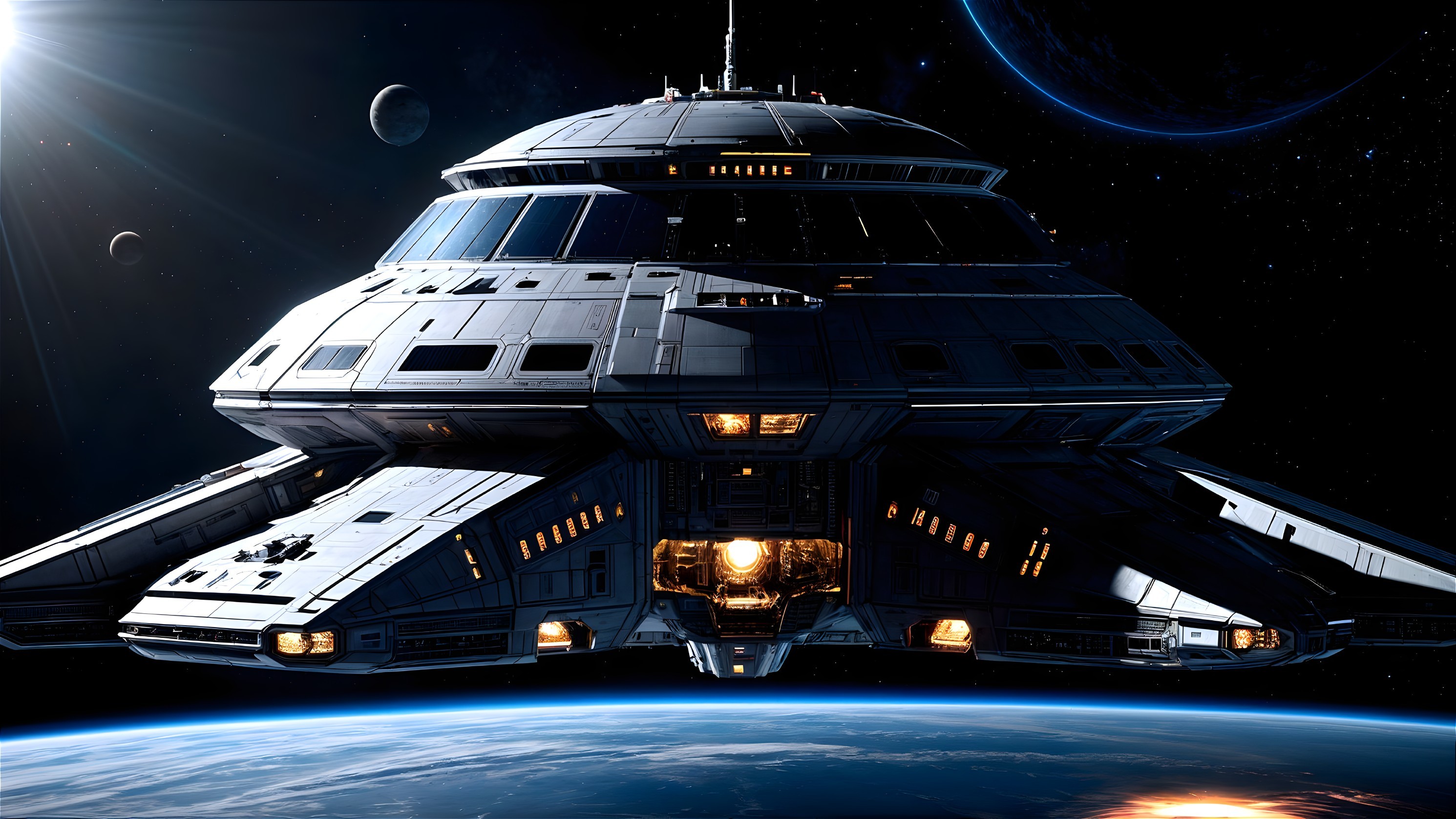 Futuristic spacecraft in a cosmic space scene
