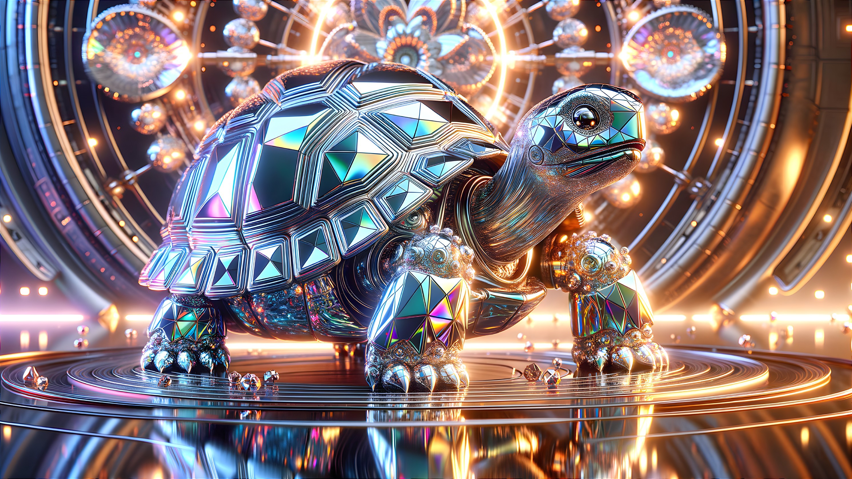 Futuristic Metallic Turtle in Vibrant Dazzling Setting