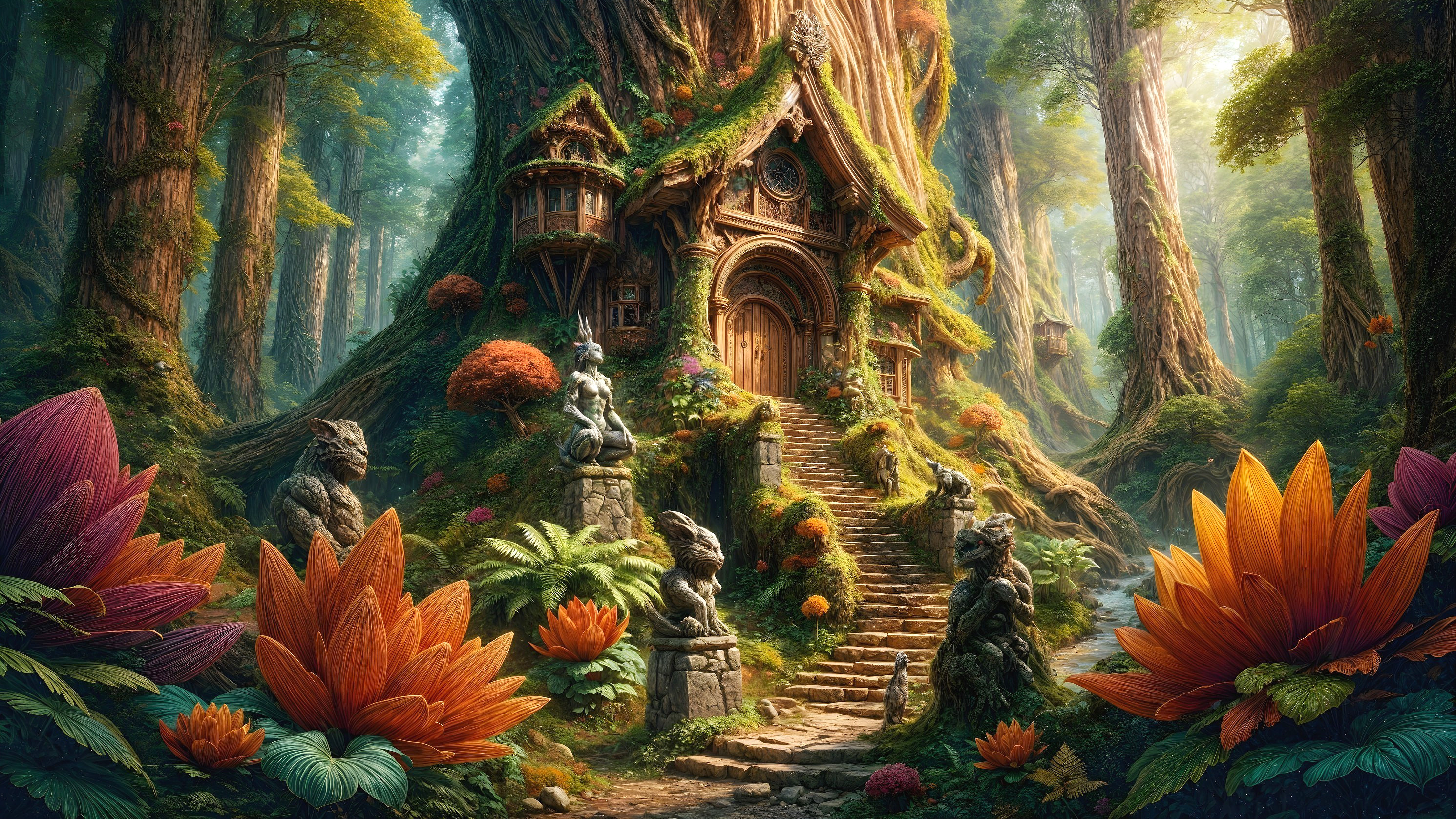 Whimsical Forest Scene with Wooden House and Statues