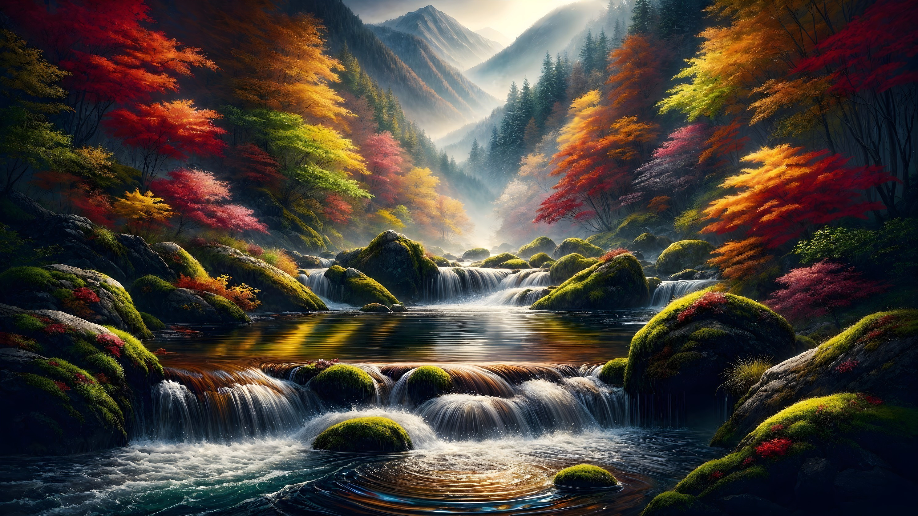 Serene Landscape with Vibrant River and Autumn Trees