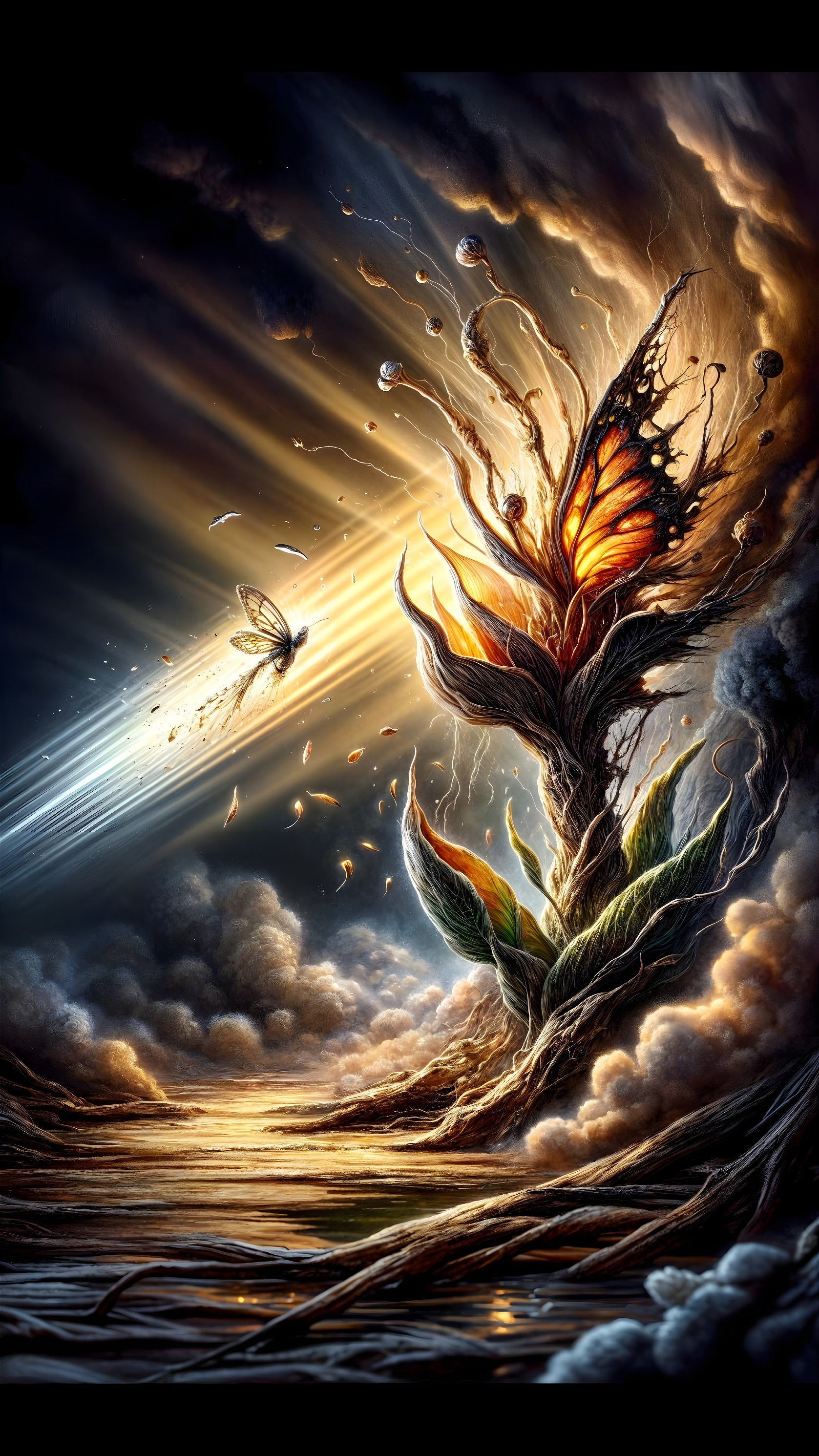 Surreal Landscape with Vibrant Plant and Butterfly