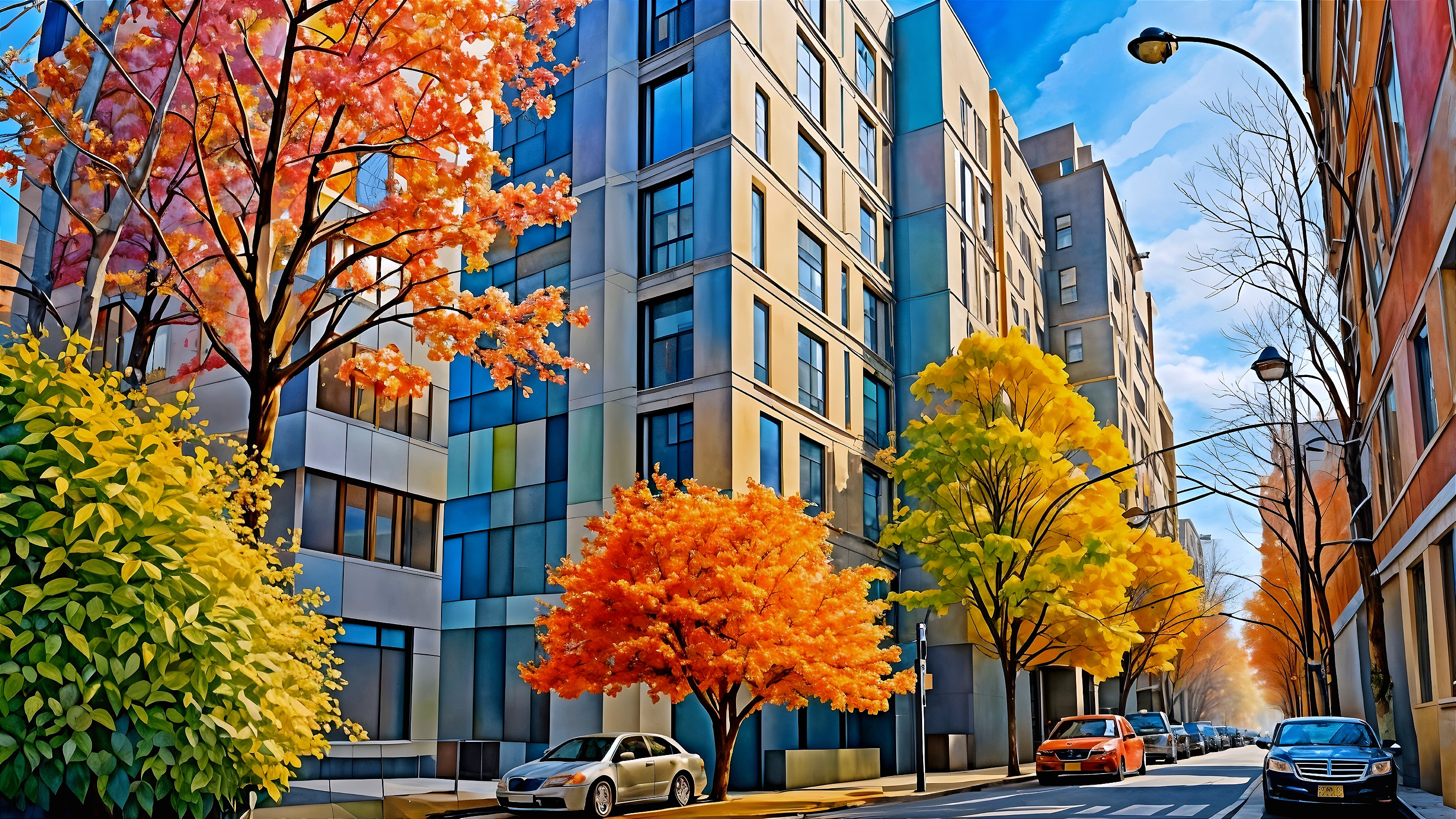 Vibrant Urban Street with Autumn Foliage and Modernity