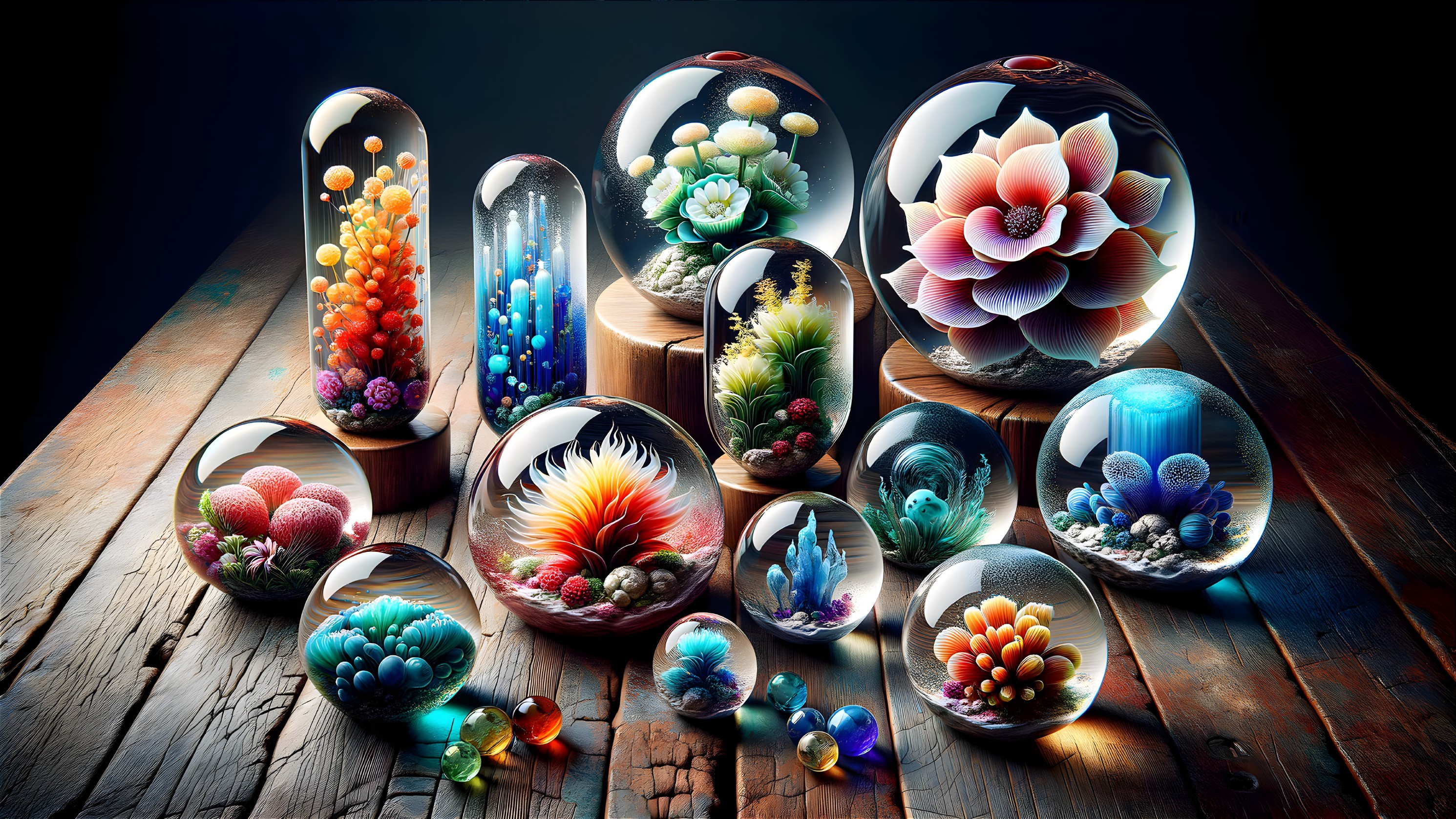 Colorful Glass Orbs and Sculptures with Miniature Scenes