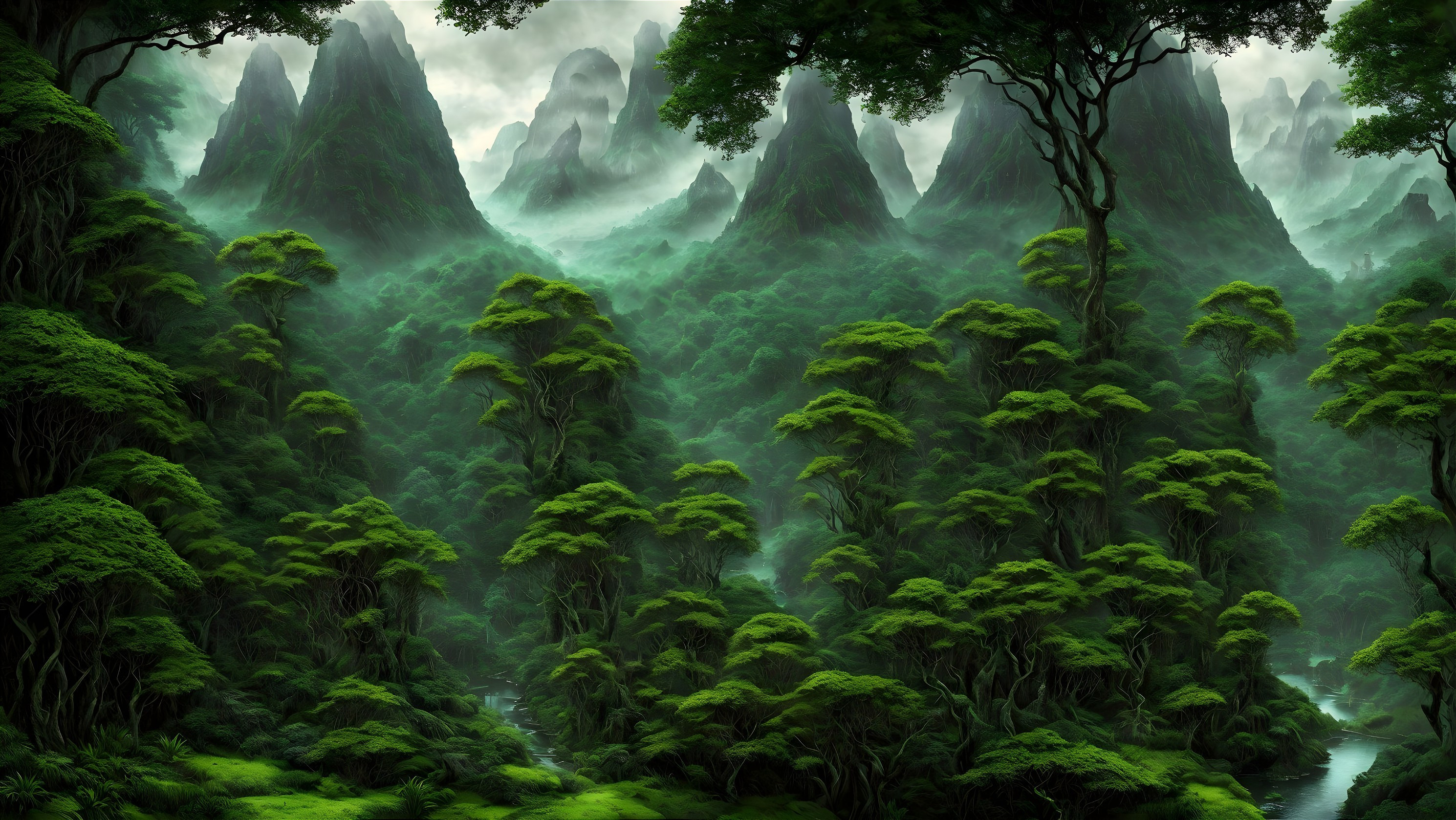 Lush Jungle Scene with Misty Mountains and Streams