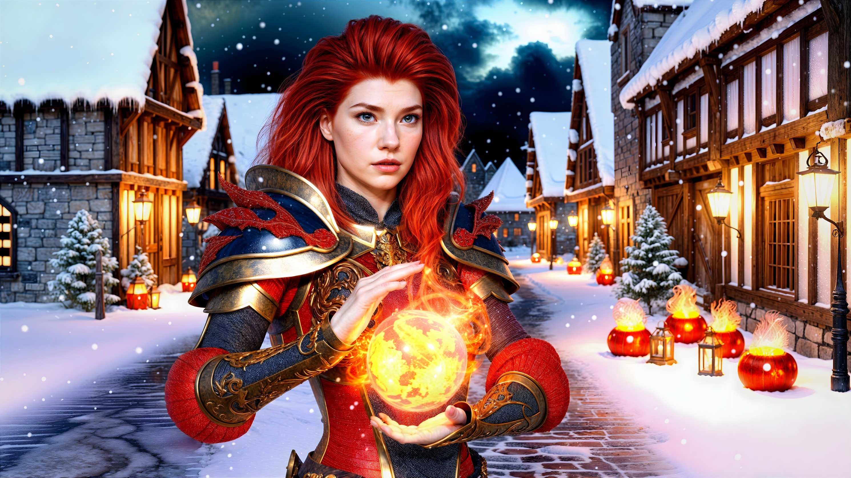 Fierce Warrior in Snowy Village with Fiery Orb