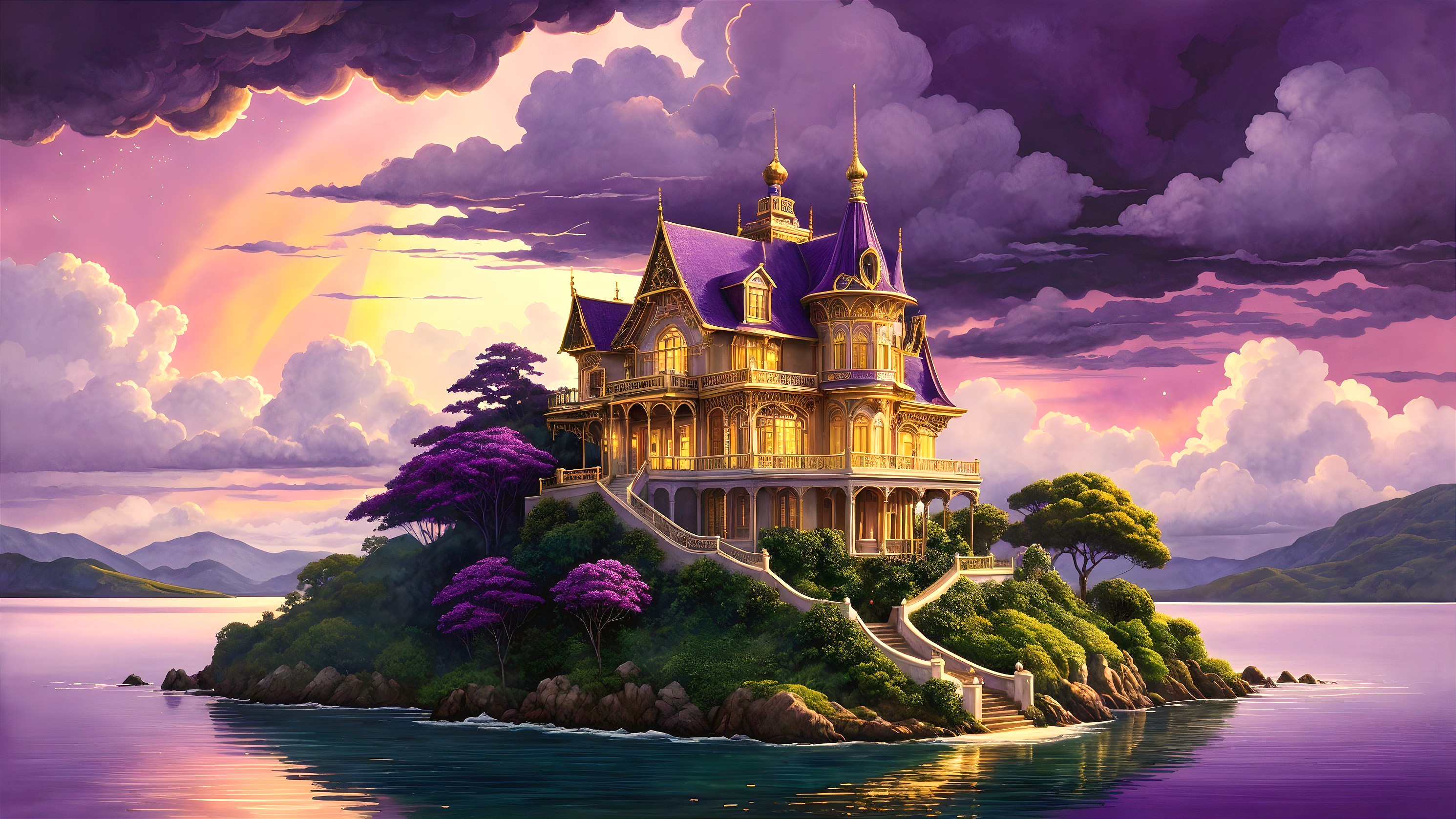 Majestic mansion on a lush island with sunset hues