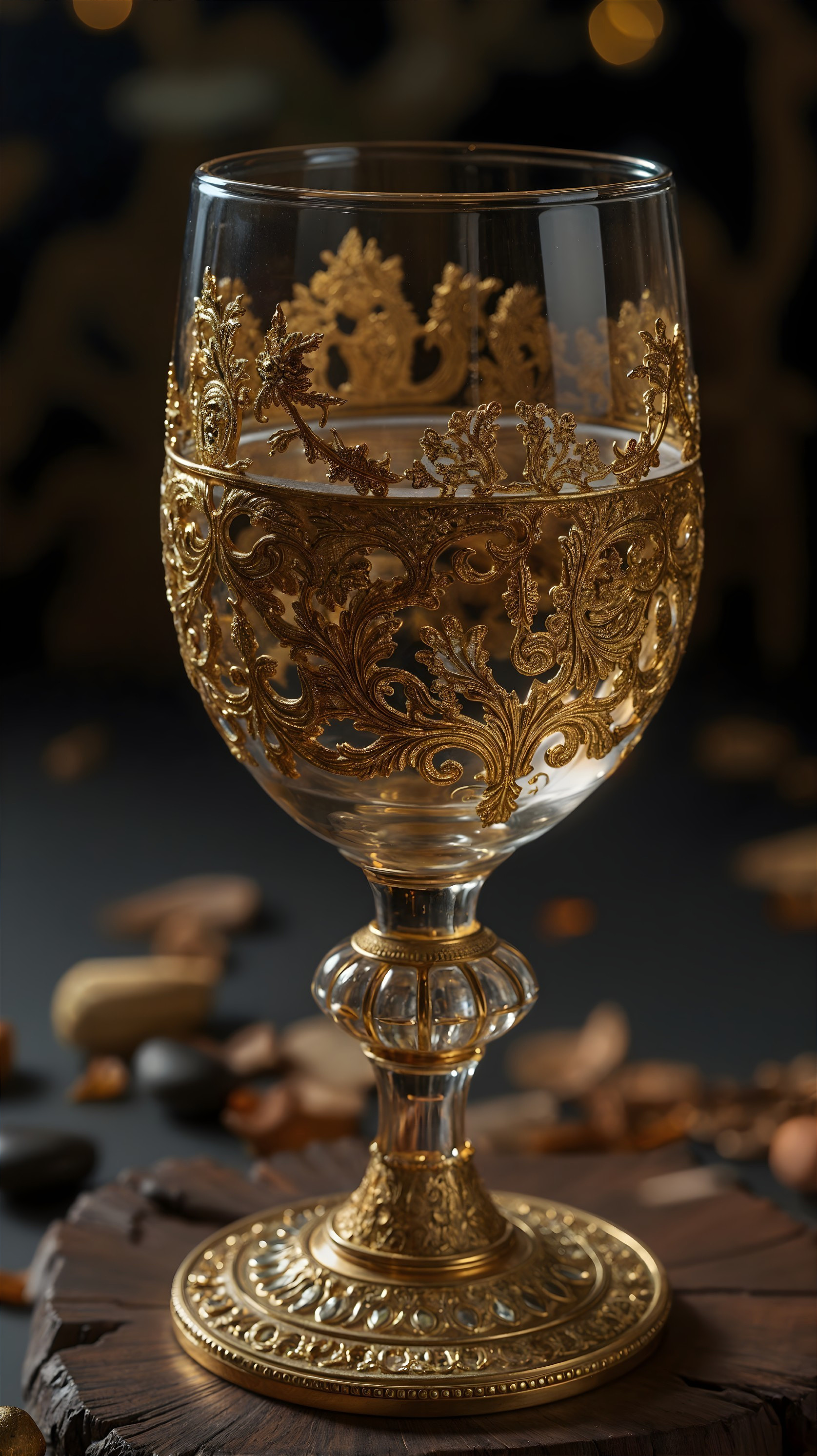 Ornate wine glass with gold detailing on wooden surface