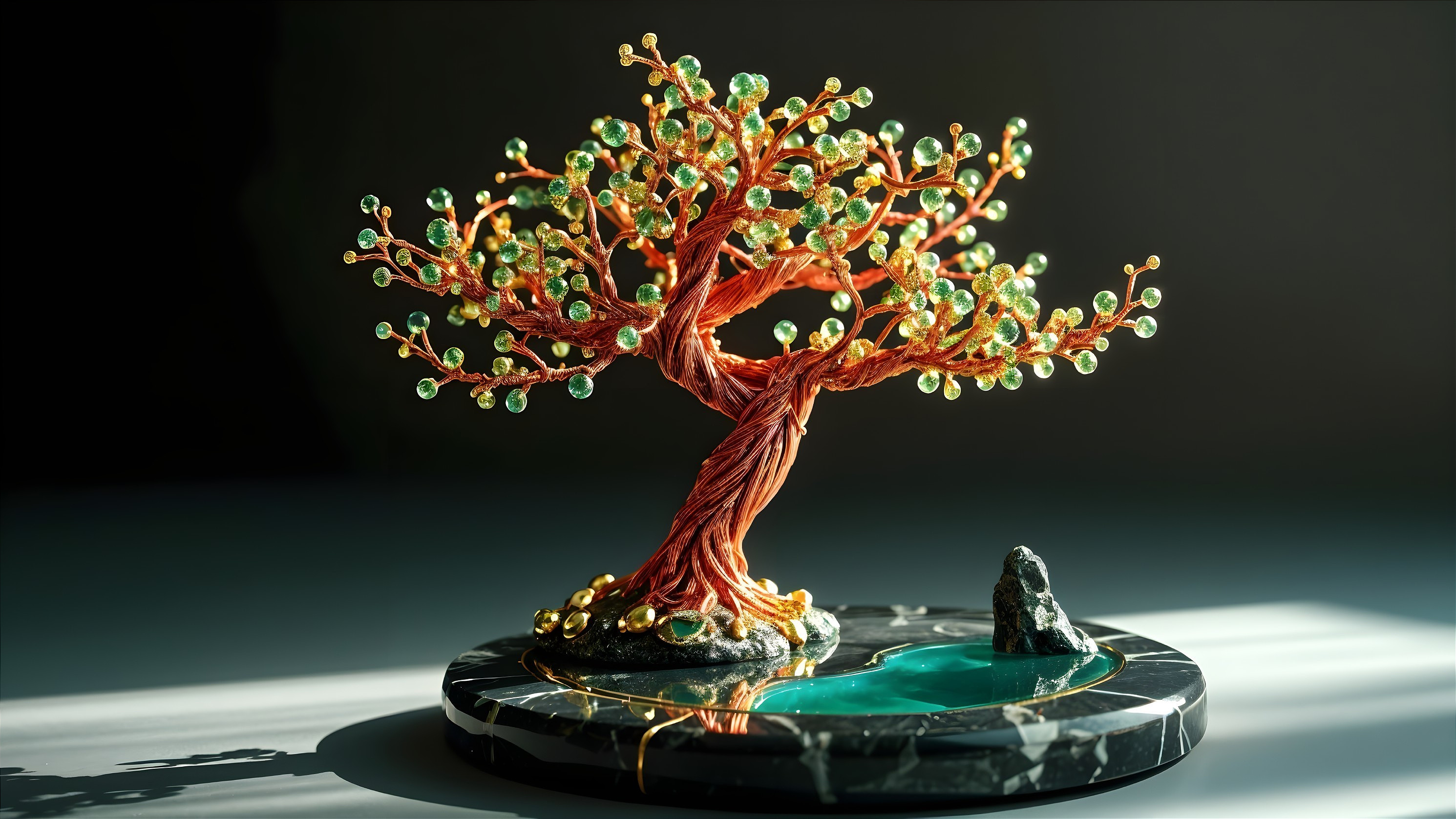 Copper Wire Tree Sculpture with Beaded Leaves