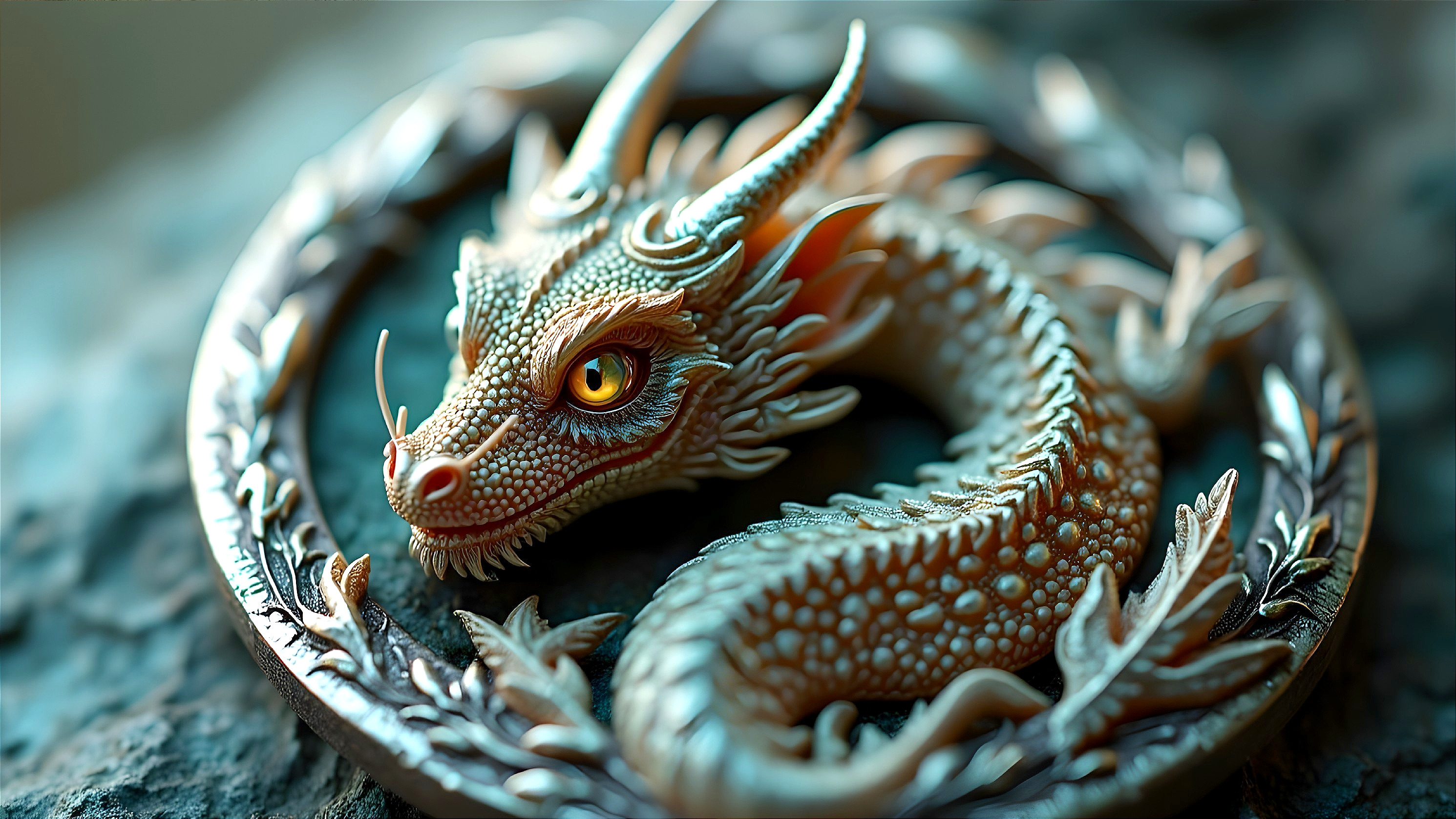 Detailed Three-Dimensional Dragon in Ornate Frame