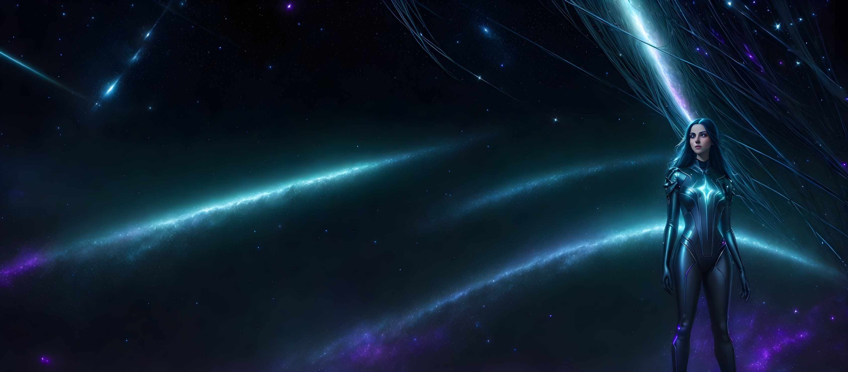 Female superhero in sleek costume against cosmic backdrop with shooting stars