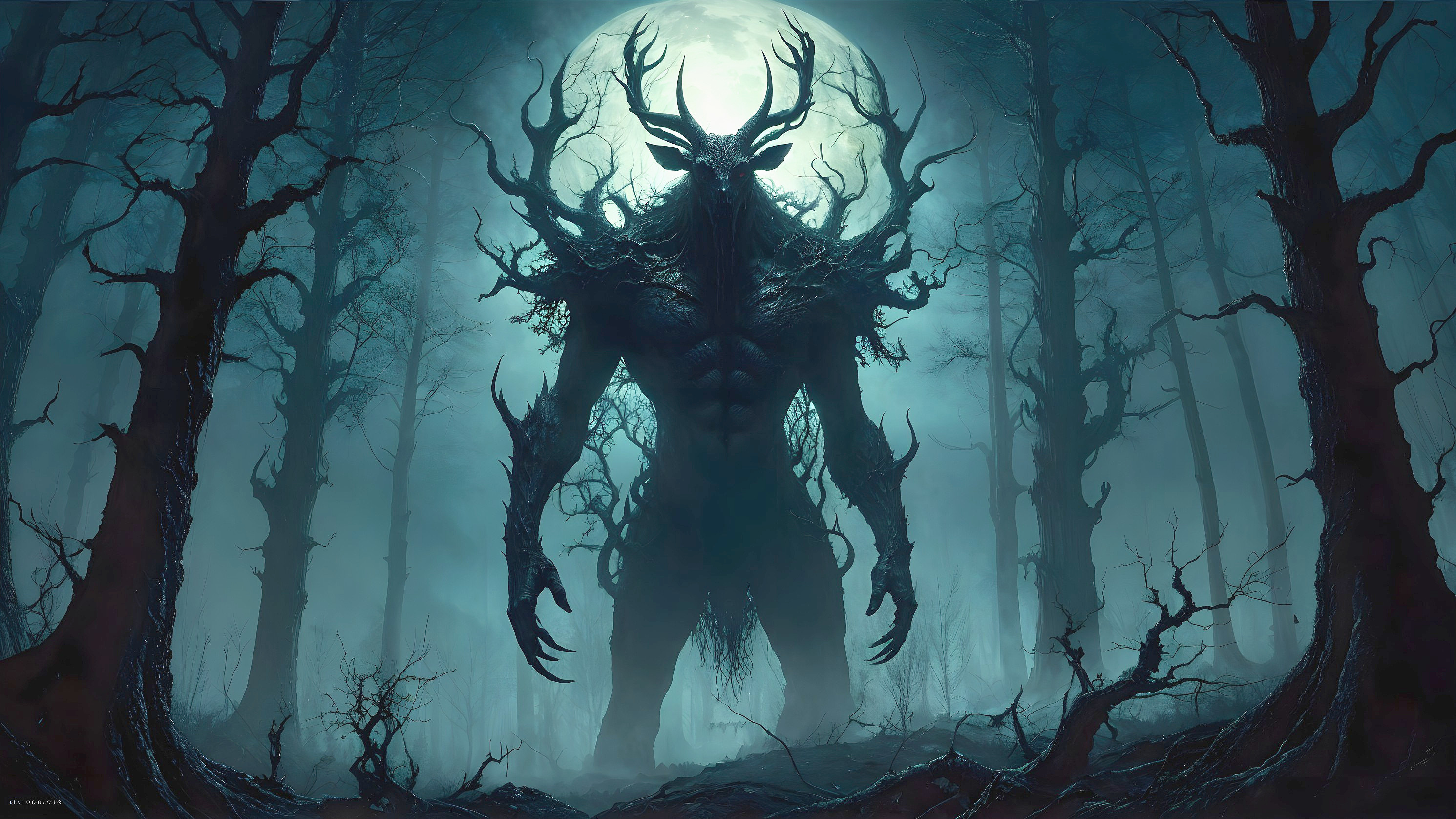 Monstrous figure with antlers in a dark forest scene