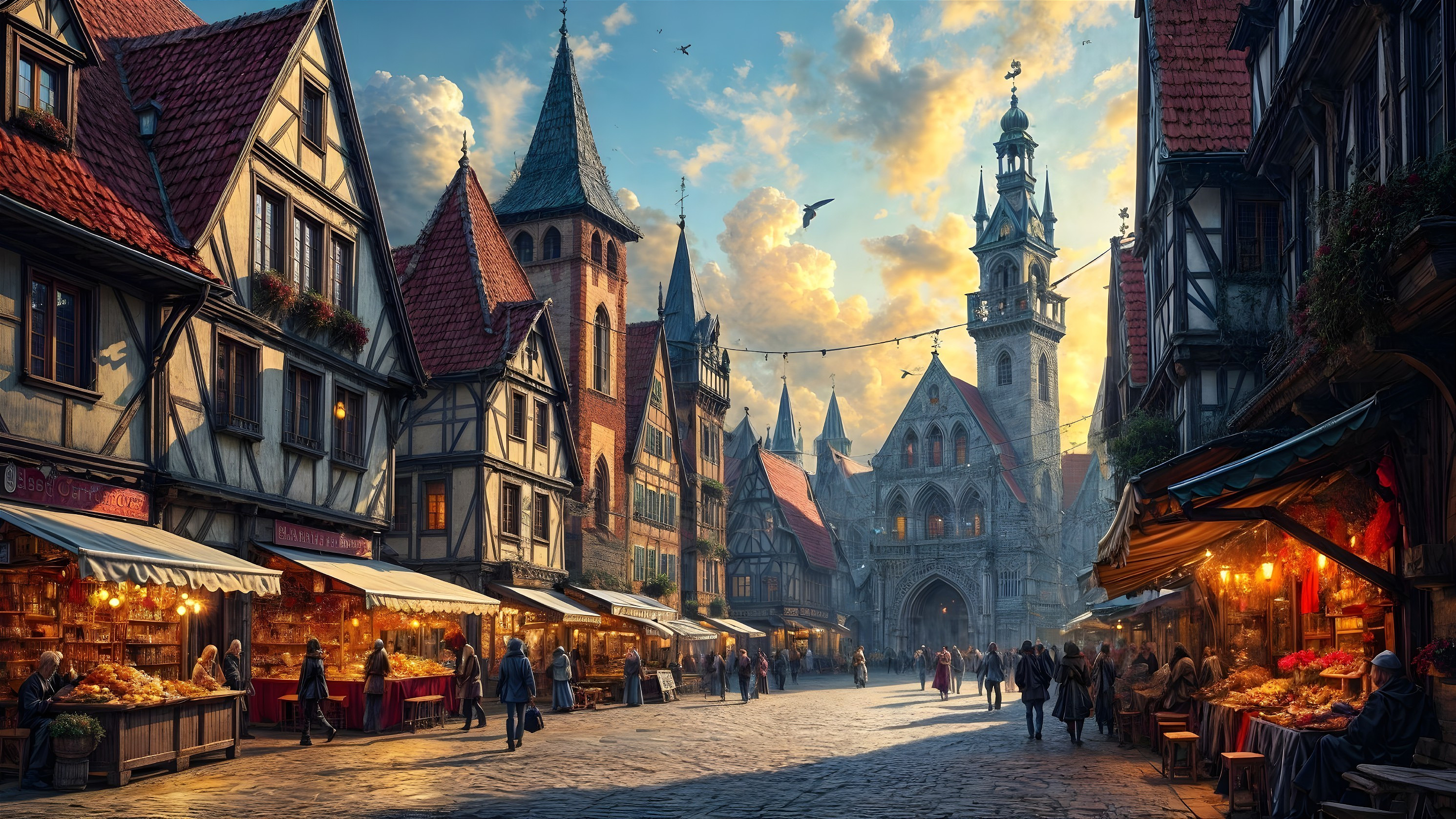 Medieval Town Square at Dusk with Market Stalls