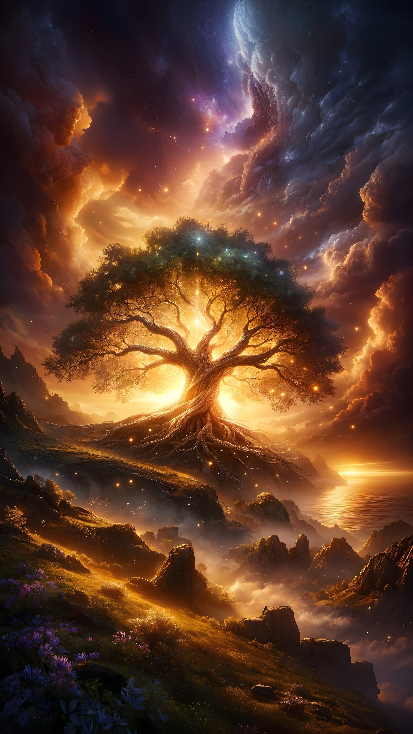 Majestic Tree in a Mystical Landscape with Glowing Stones