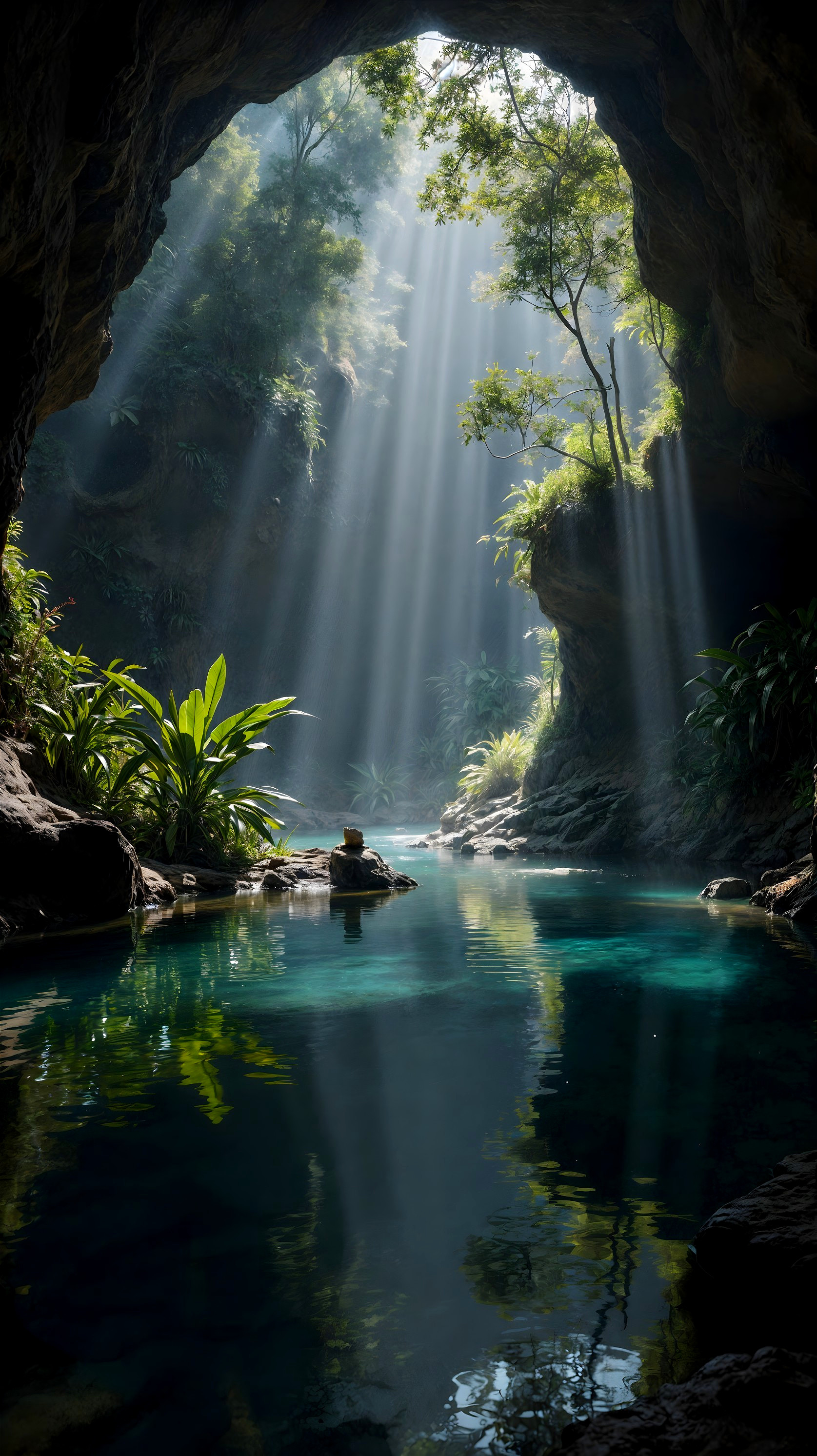 Serene cave scene with sunlight and tranquil water
