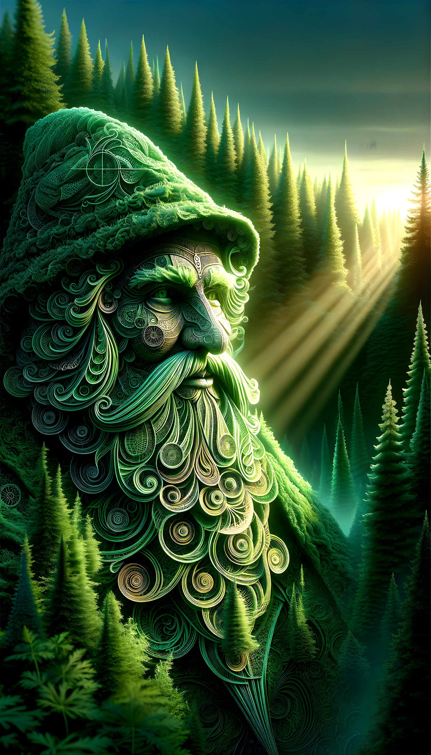Majestic Forest Guardian with Leaf Patterns and Beard